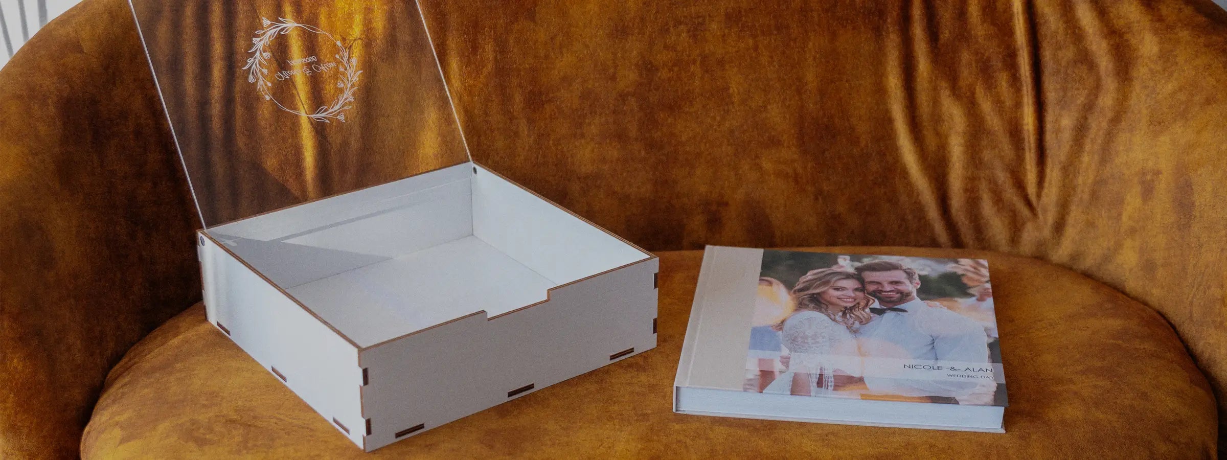 Album boxes for wedding albums and refined keepsake presentation