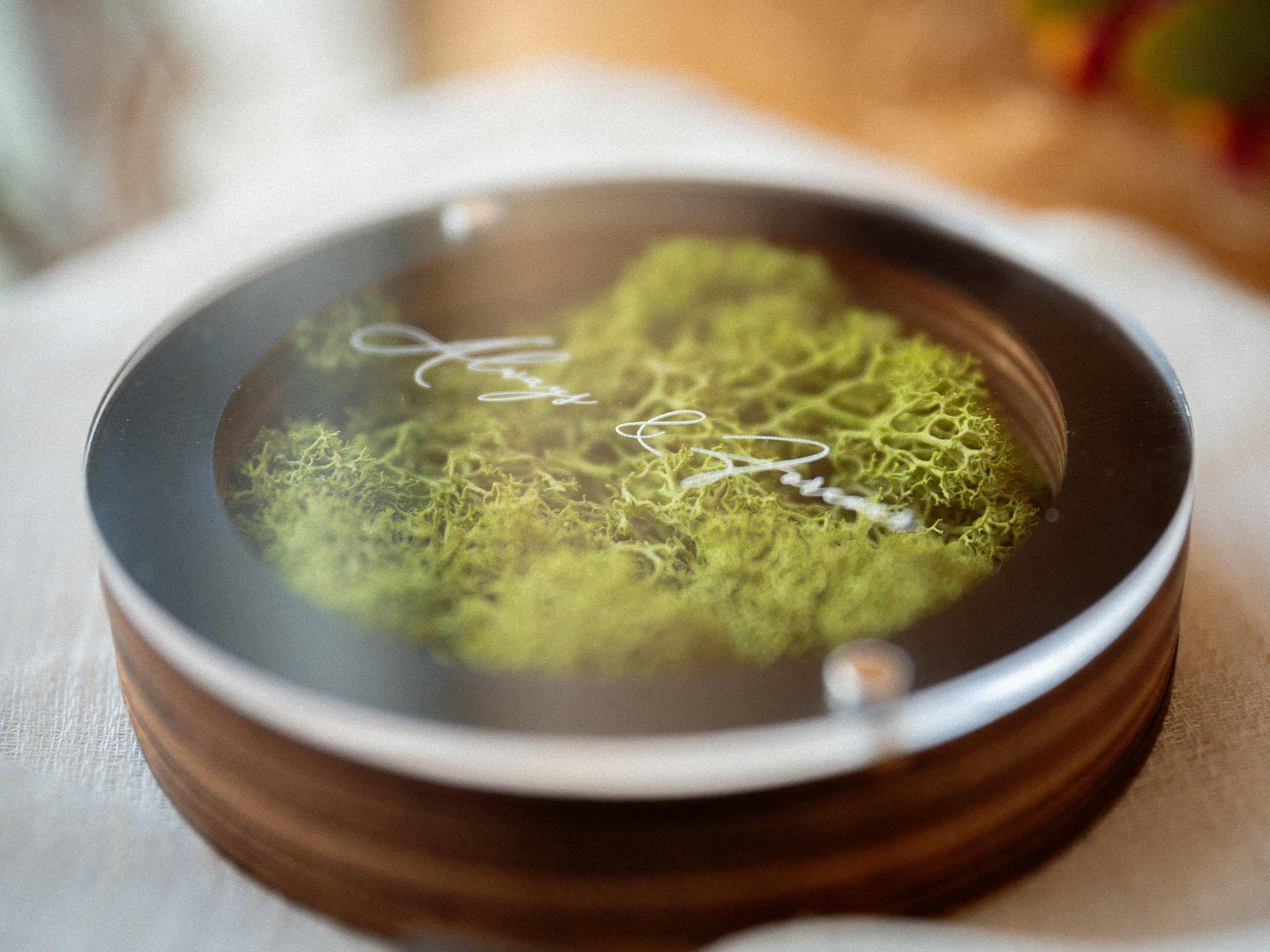 Black round USB box with acrylic lid and stabilized green Scandinavian moss