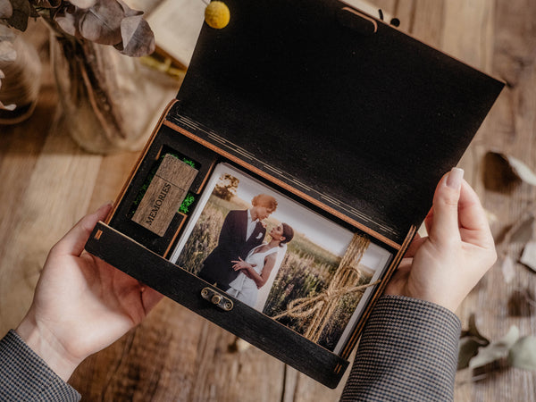 Black Wooden Photo Box with USB Flash Drive for Wedding Clients - nzhandicraft