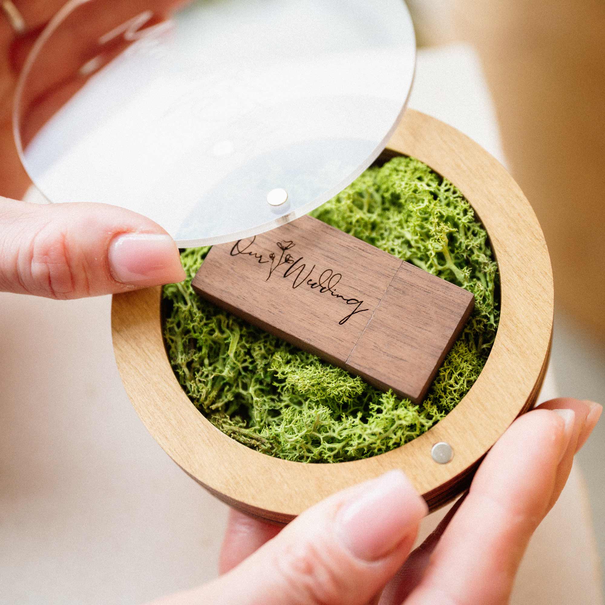 Gold Oak wedding USB box with acrylic lid opening and wooden flash drive inside