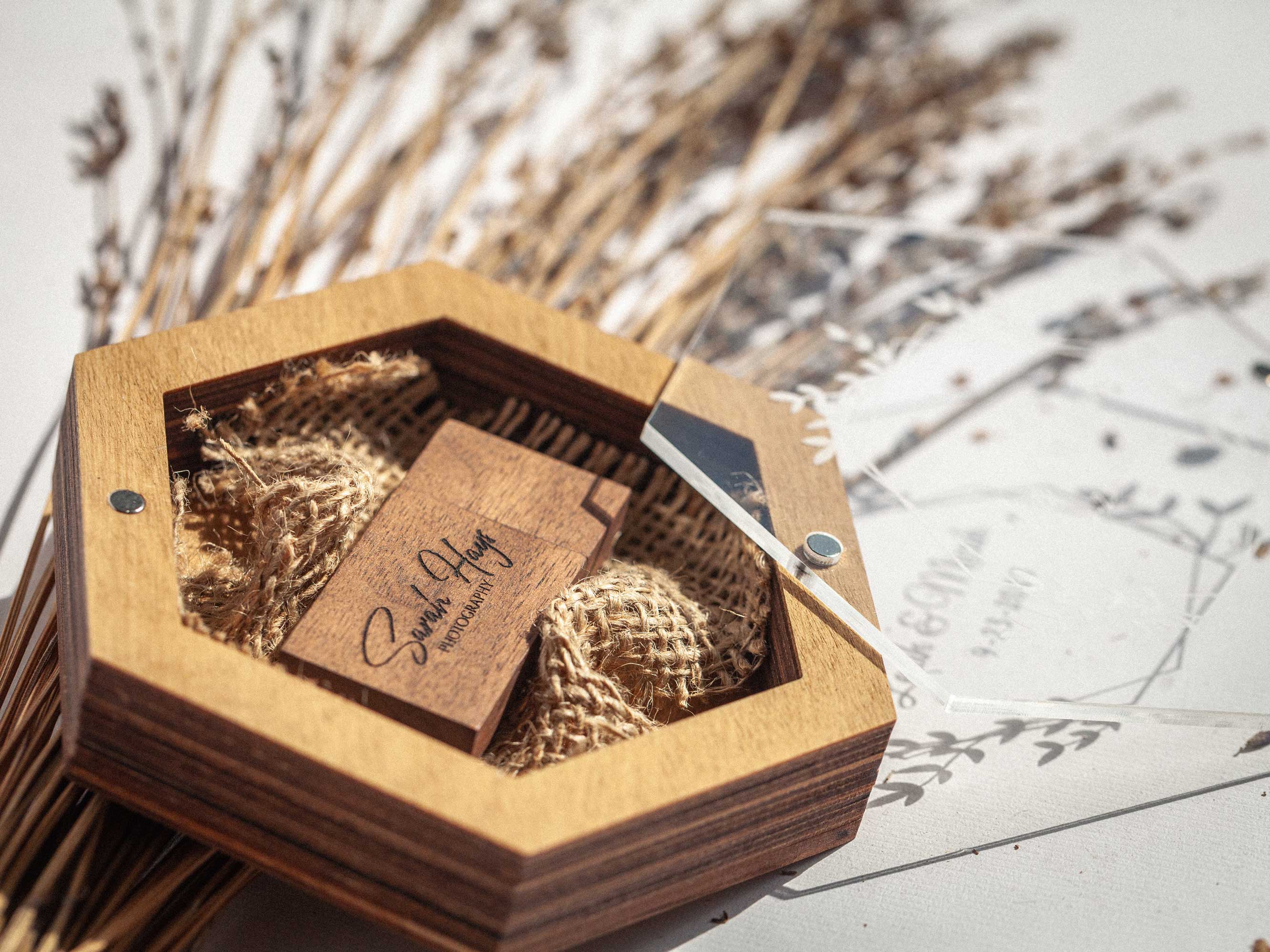 Open Gold Oak wedding USB box with wooden flash drive and acrylic lid aside