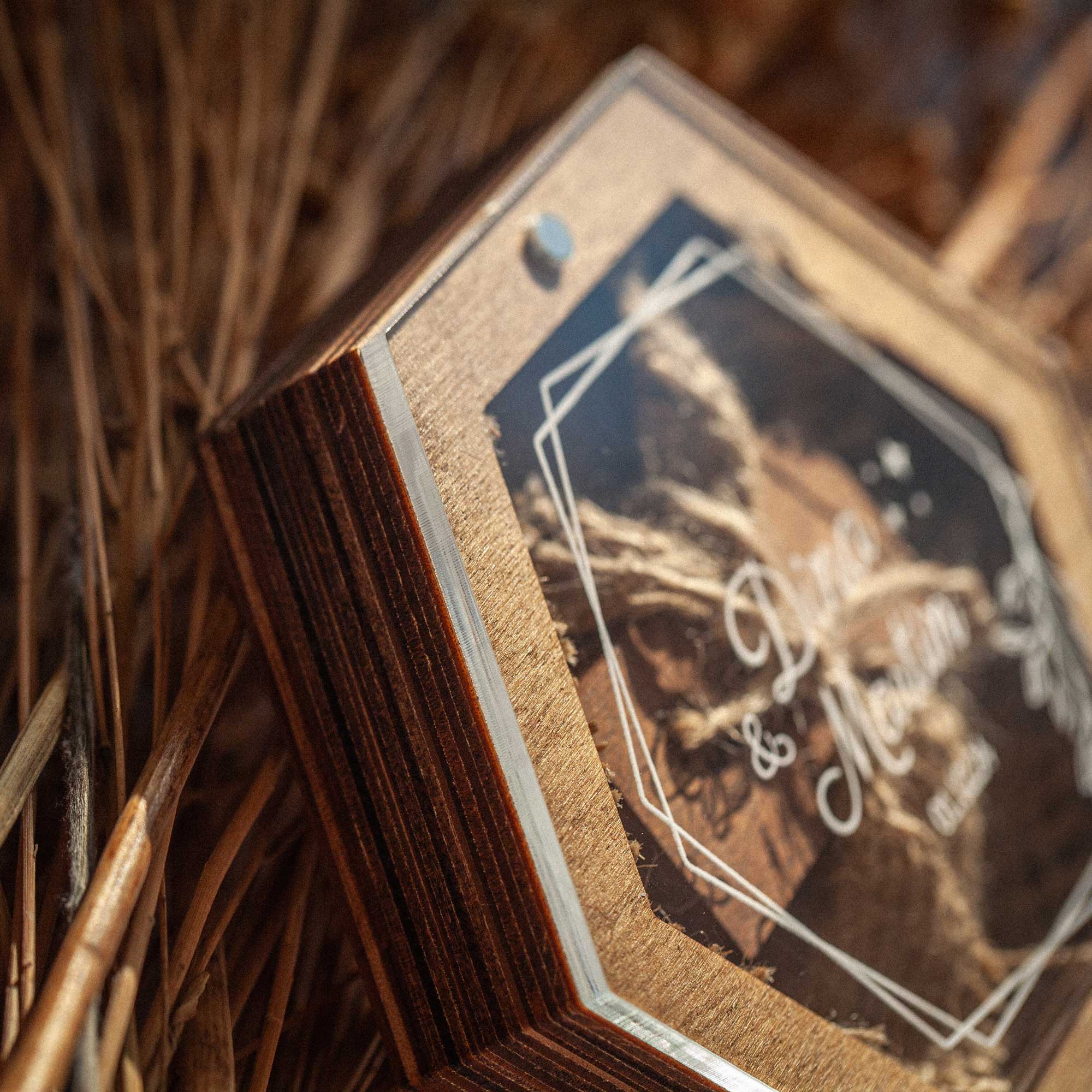 Gold Oak wedding USB box with acrylic lid in warm rustic styling
