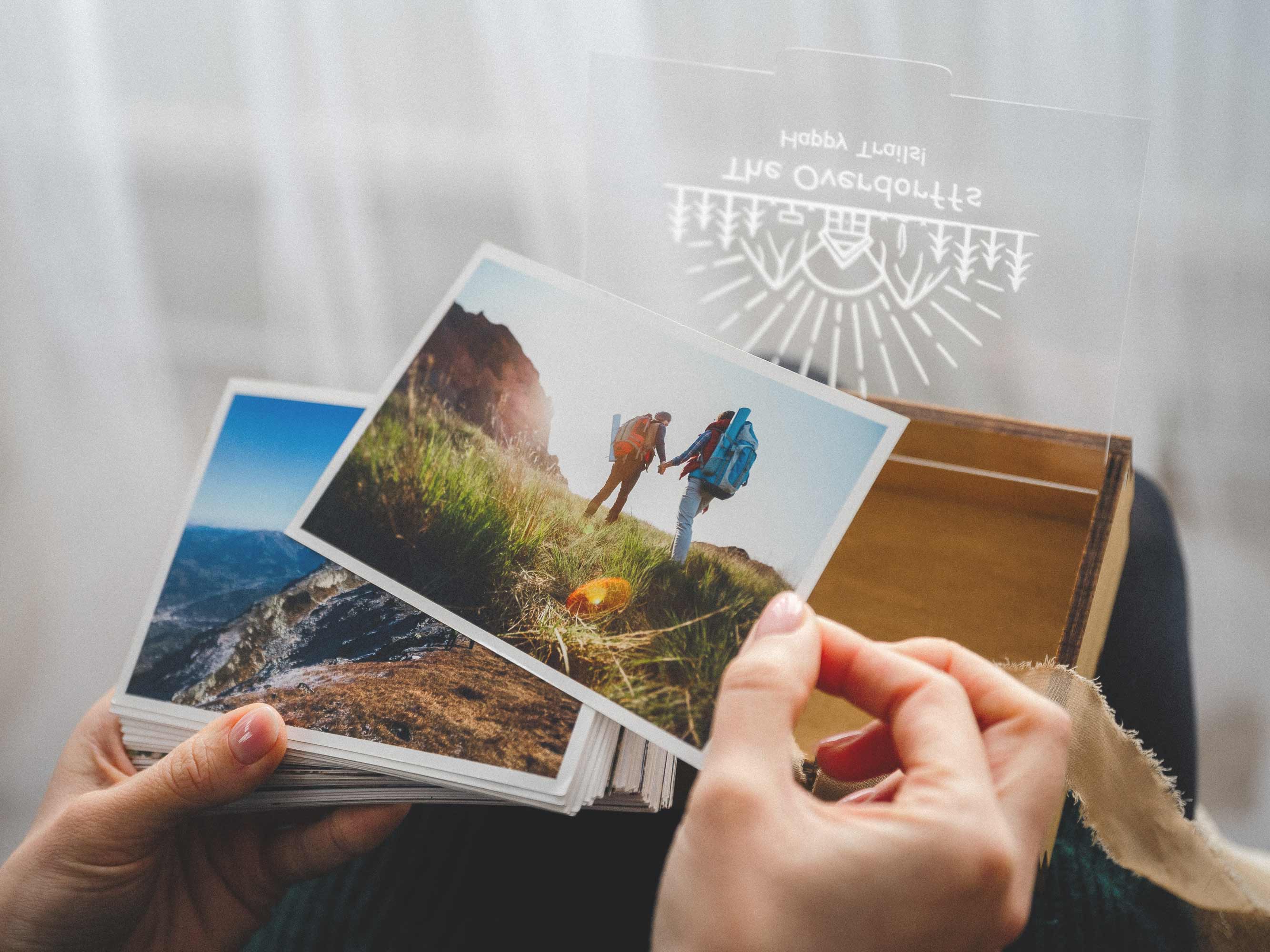 gold oak photo box on fabric, lid half open