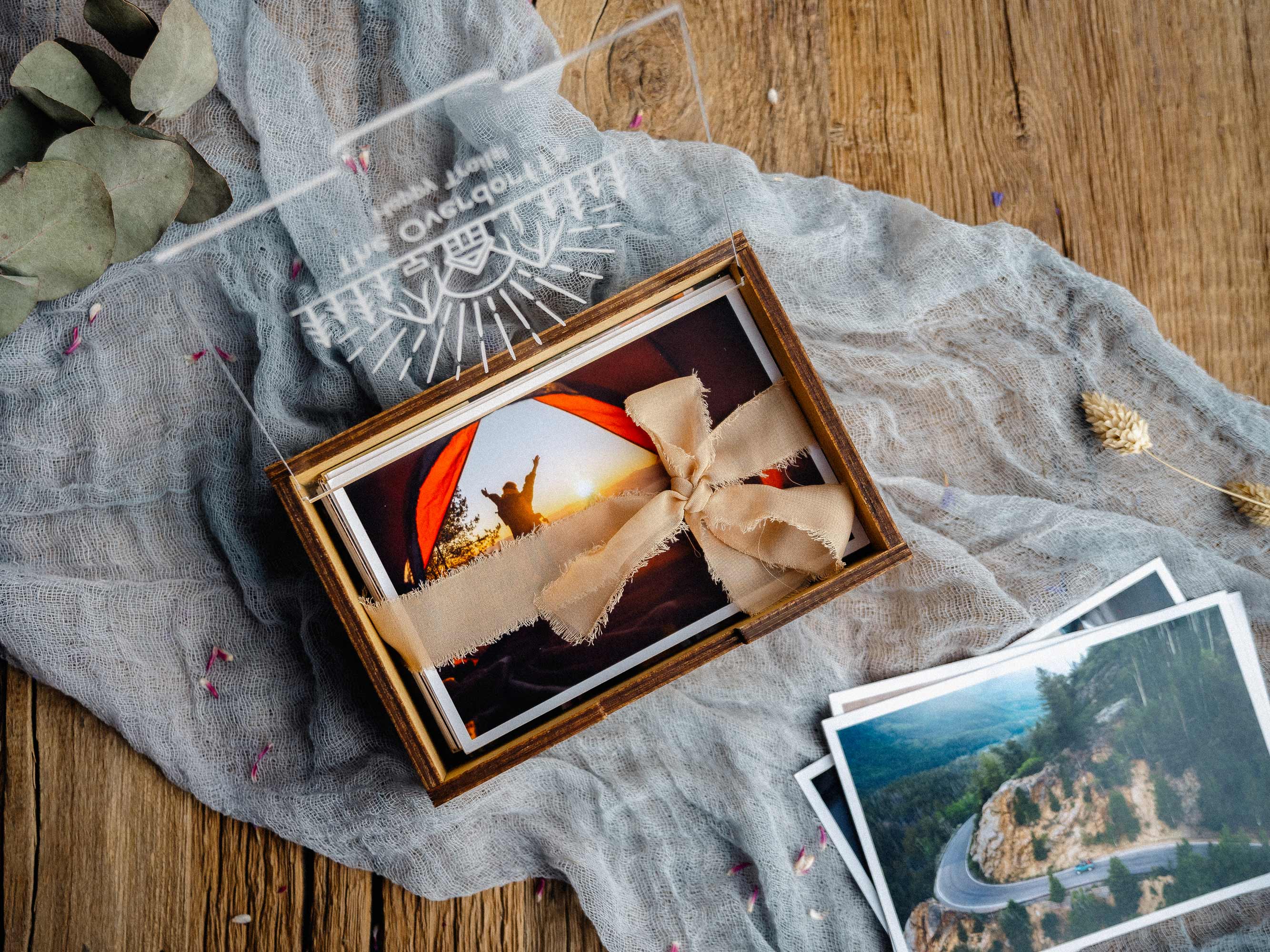 Gold oak wooden photo box with engraved acrylic lid, travel prints.