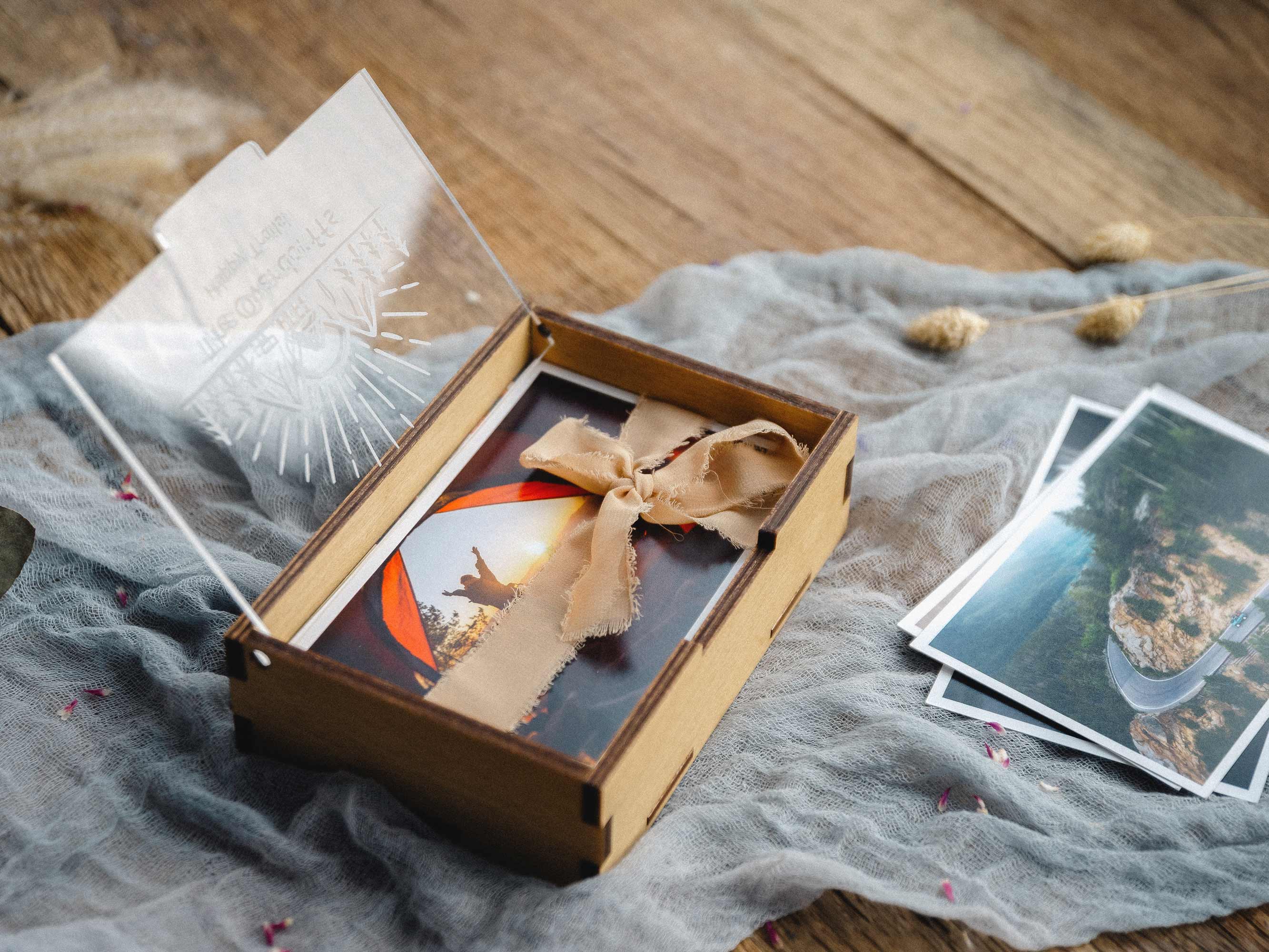 open gold oak print box with hiking photo