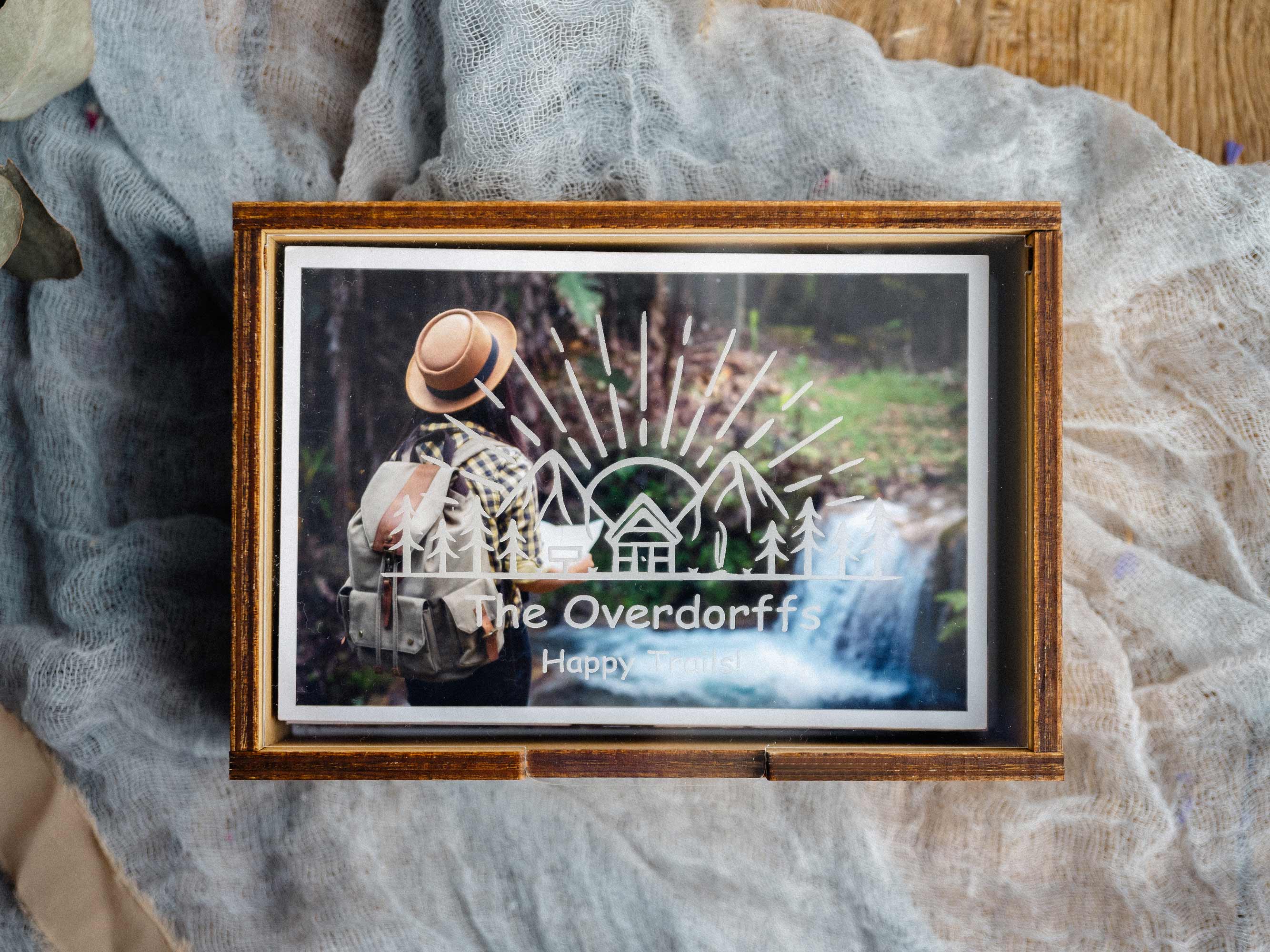 Gold Oak Travel Photo Box – Personalized Acrylic Lid Keepsake for Prints