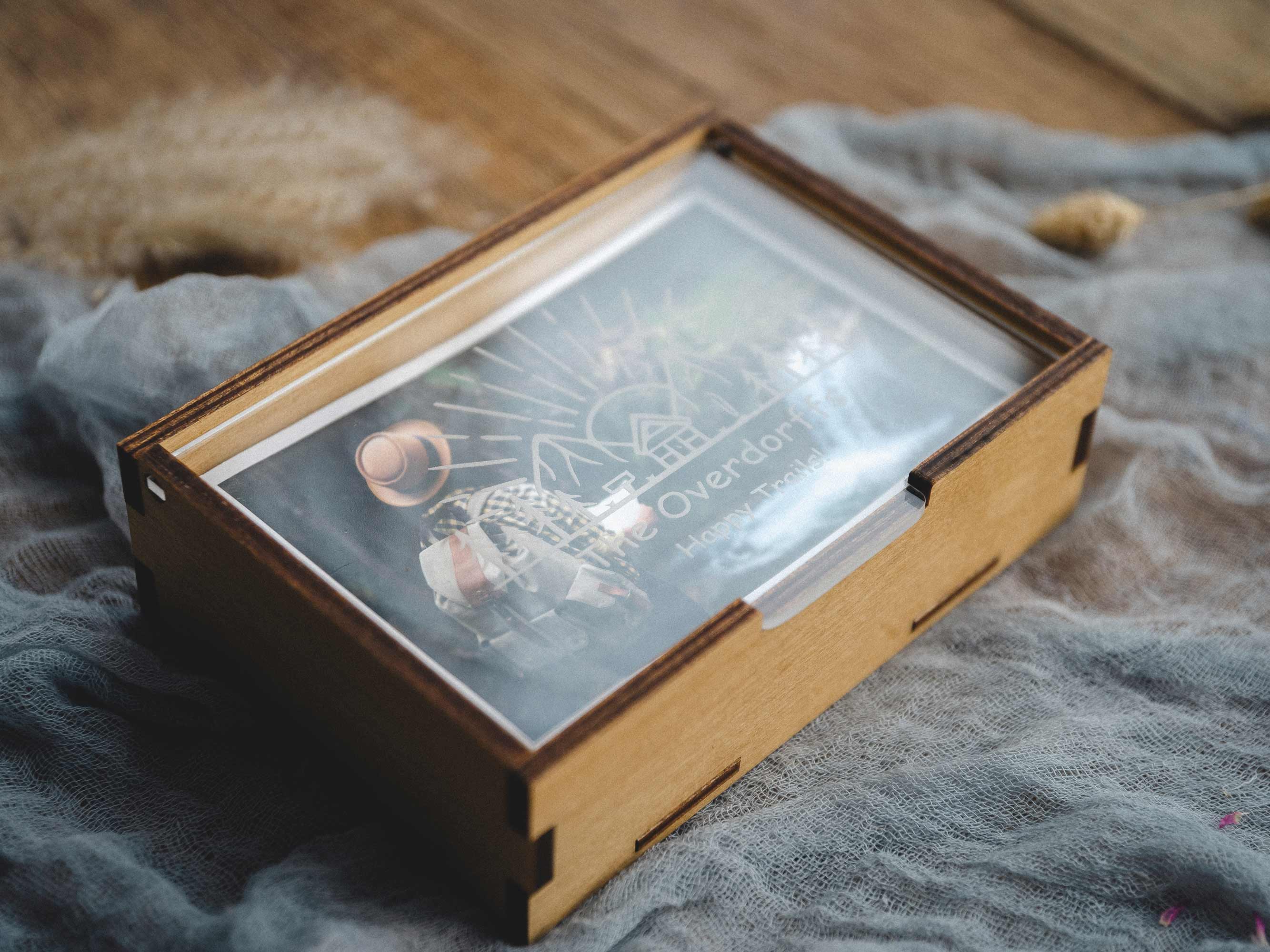 closed gold oak box with frosted acrylic lid