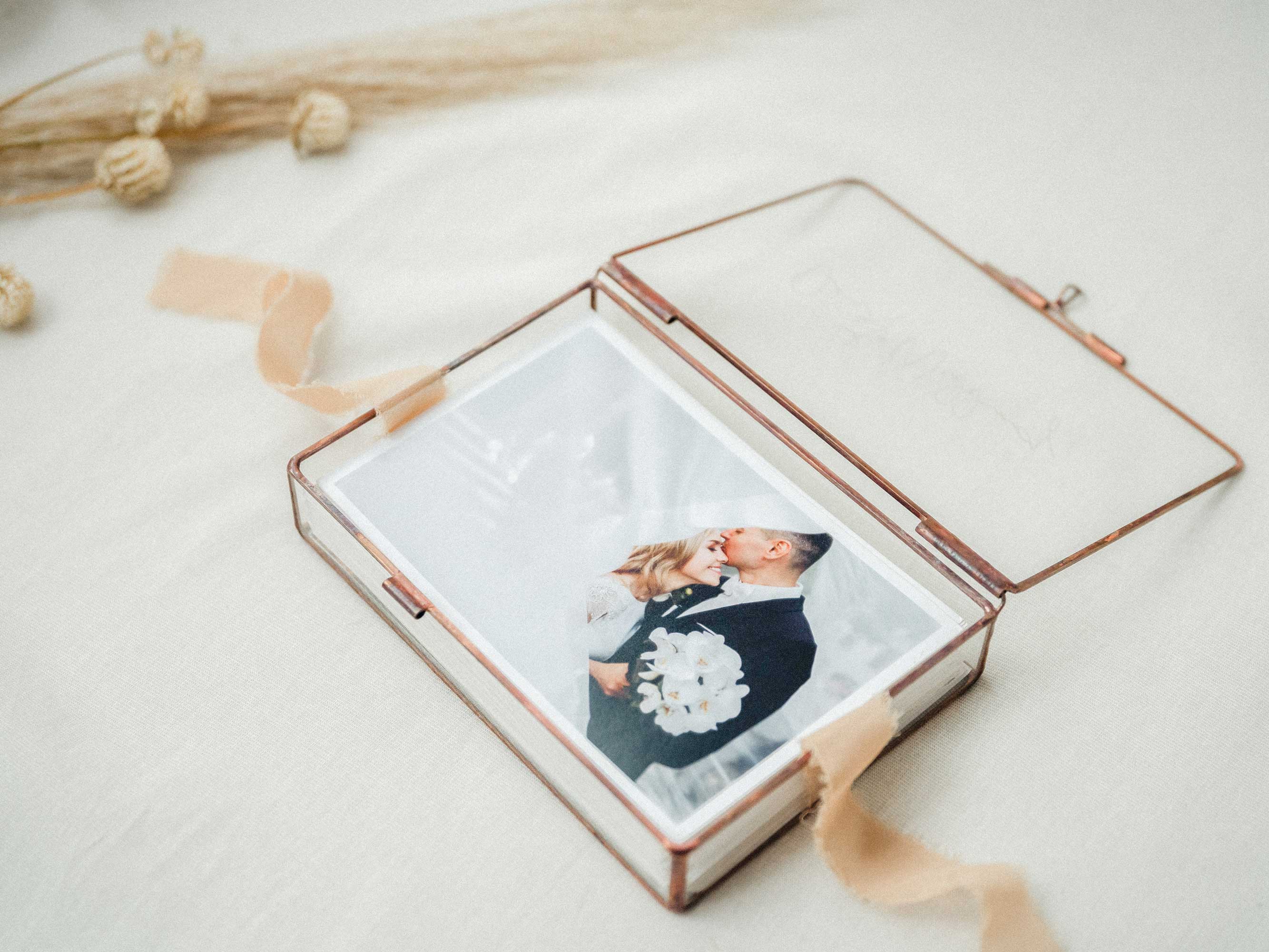 Handmade Rose Gold Glass Photo Box for Wedding Photographers