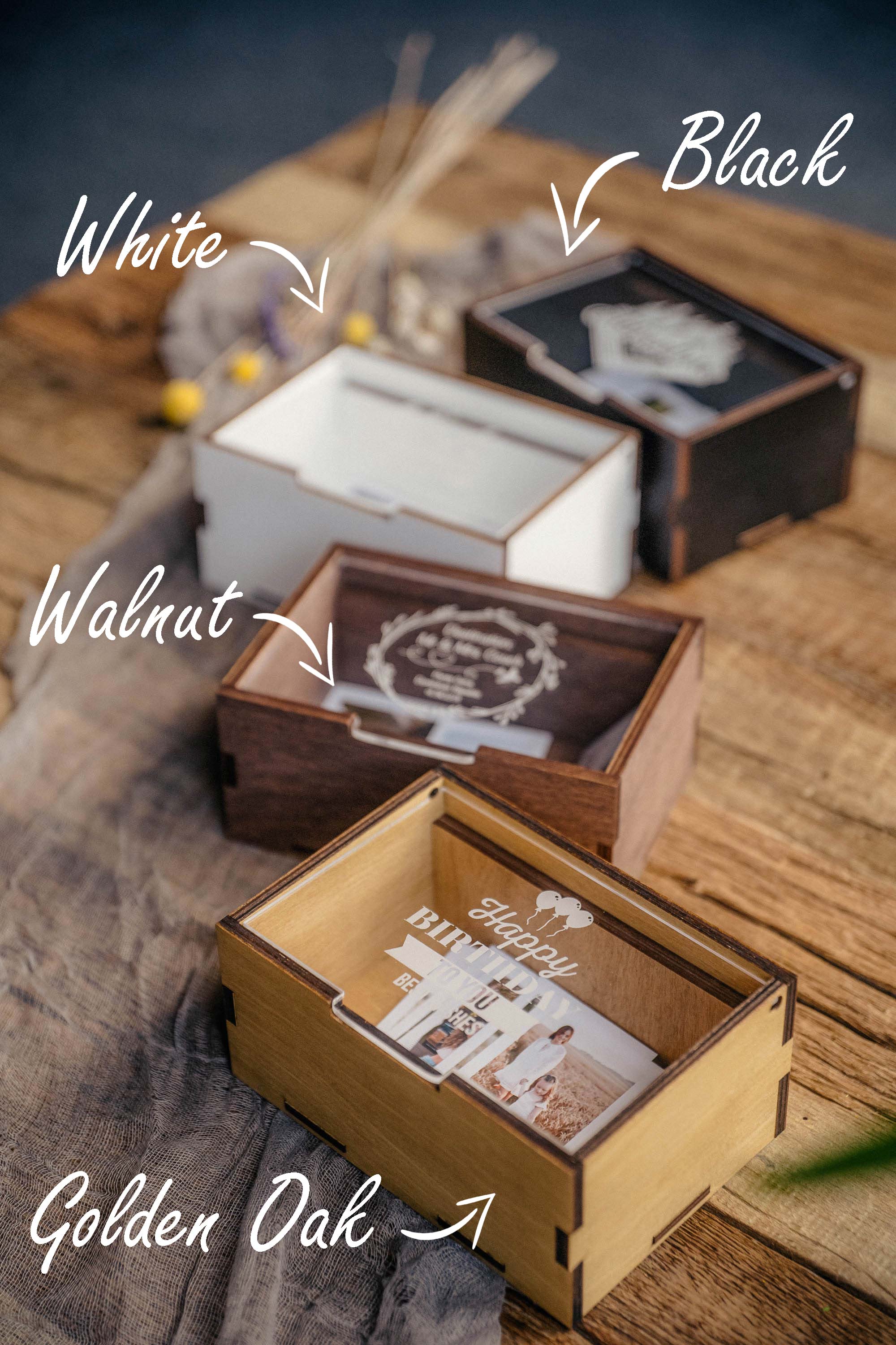 Instax Mini photo box color options in White Black Walnut and Golden Oak