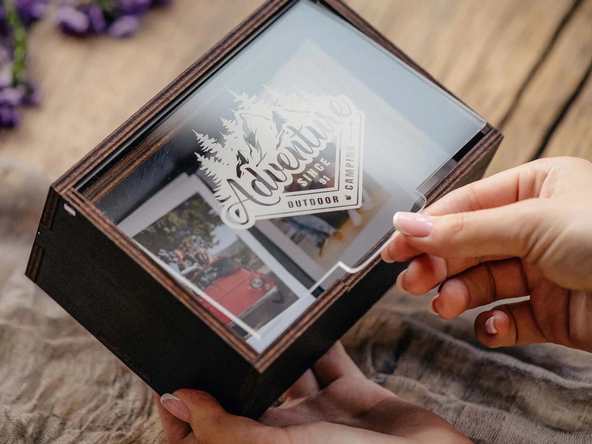 Personalized Instax Mini photo box with acrylic lid and instant prints inside