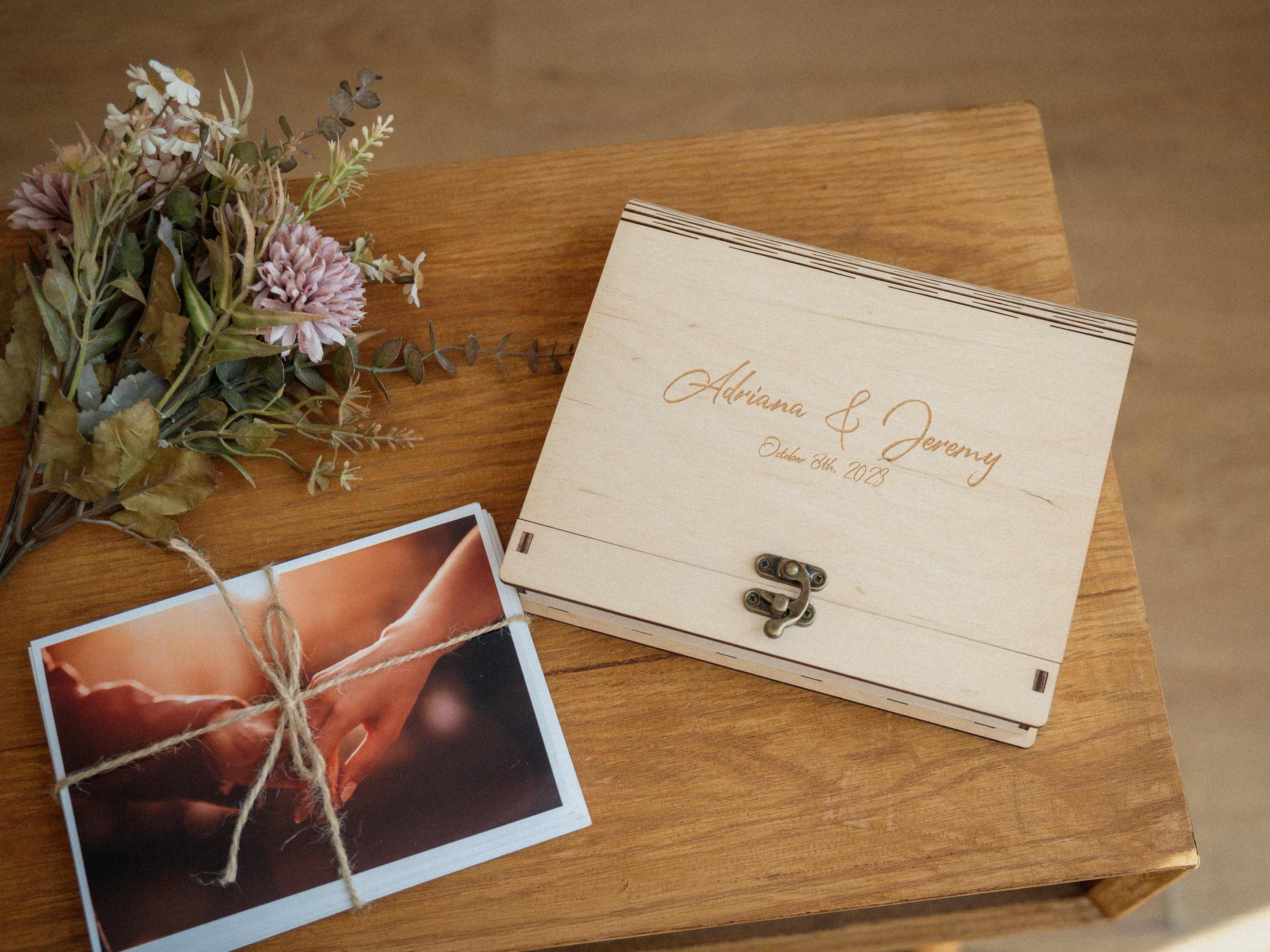 Maple wooden photo box with prints and flowers