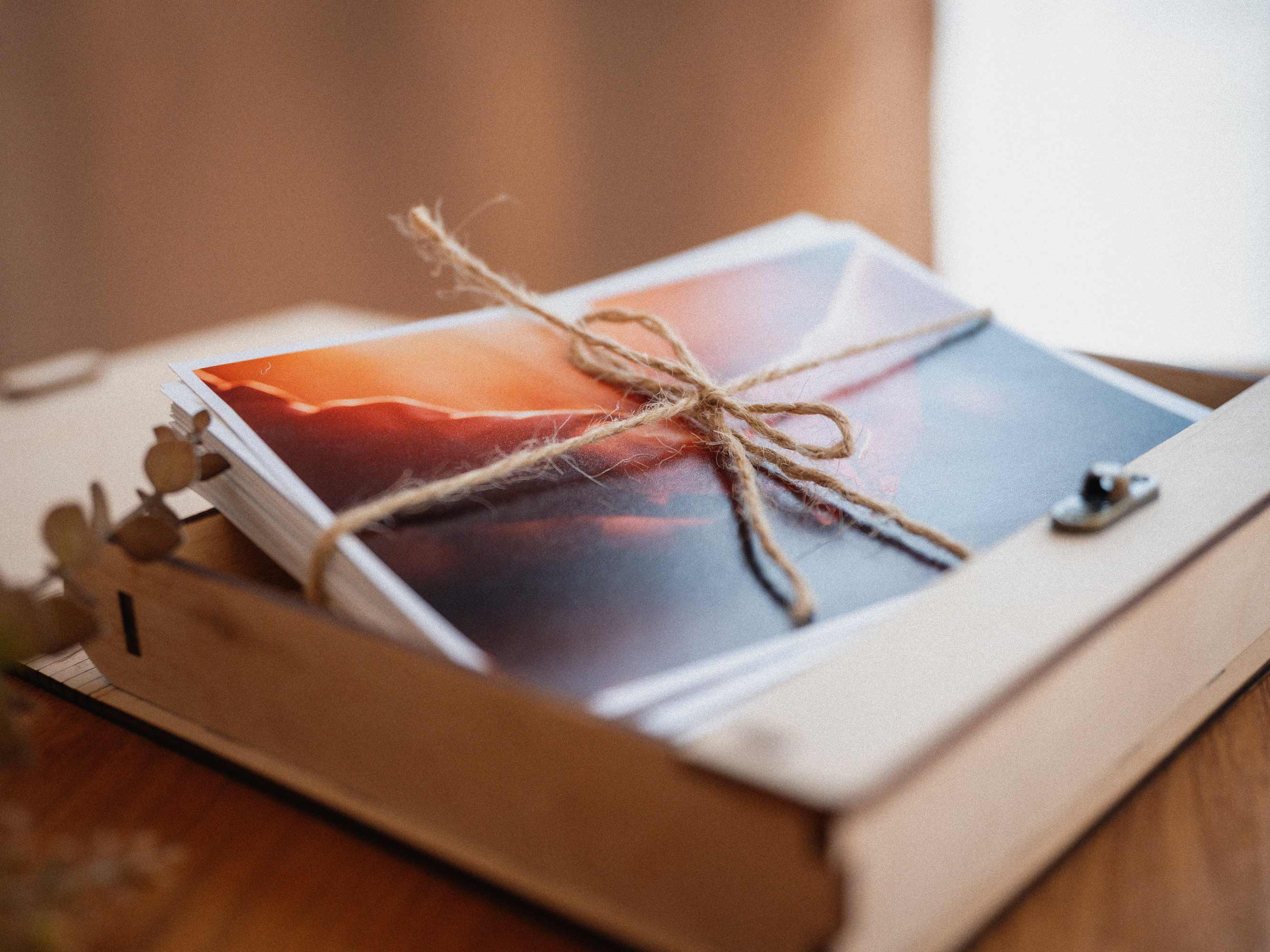Maple wooden photo box with prints and linen cord