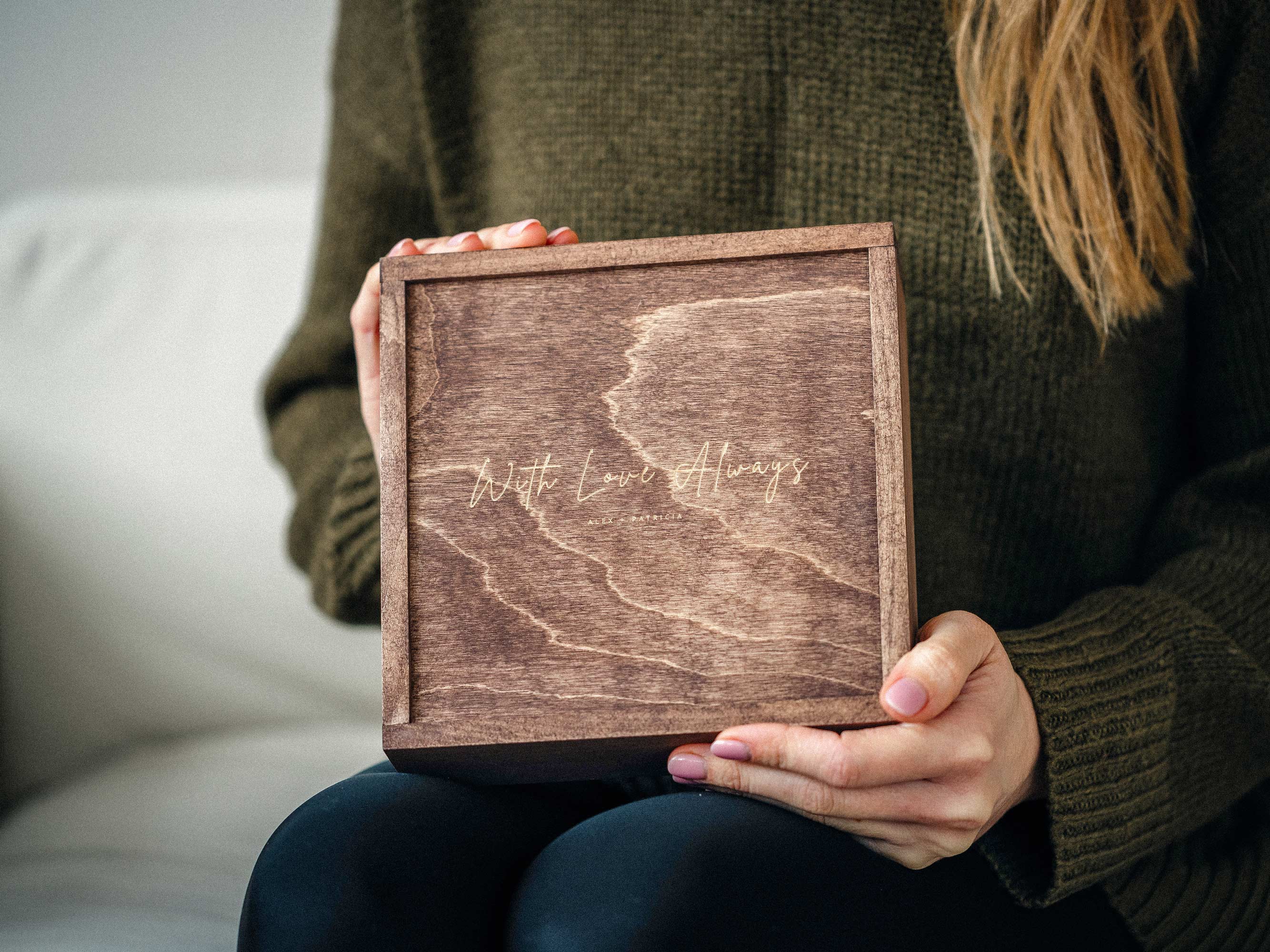 Custom wooden photo box for wedding photos with engraved lid