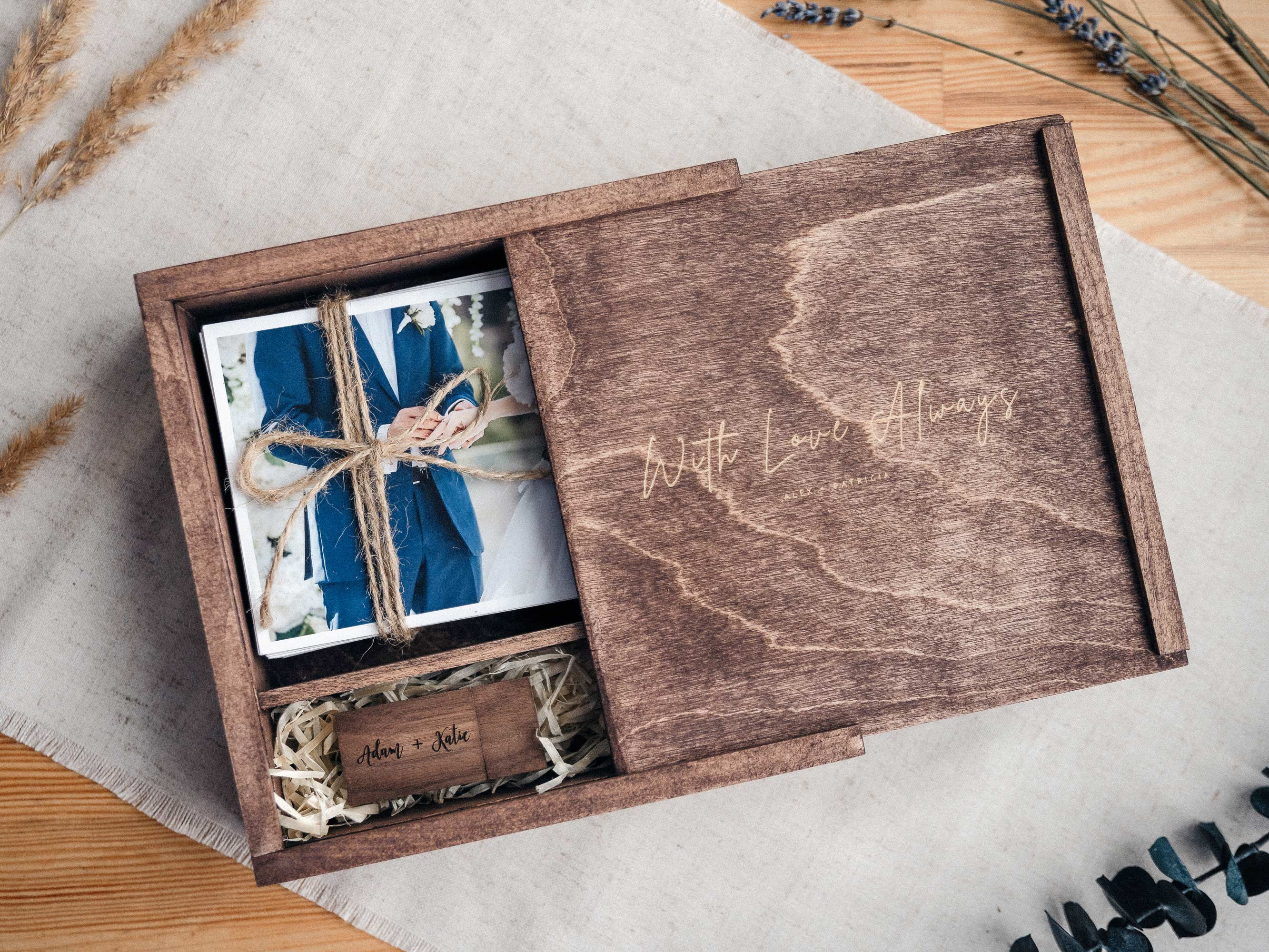 Wooden wedding photo box with personalized engraving and optional USB drive