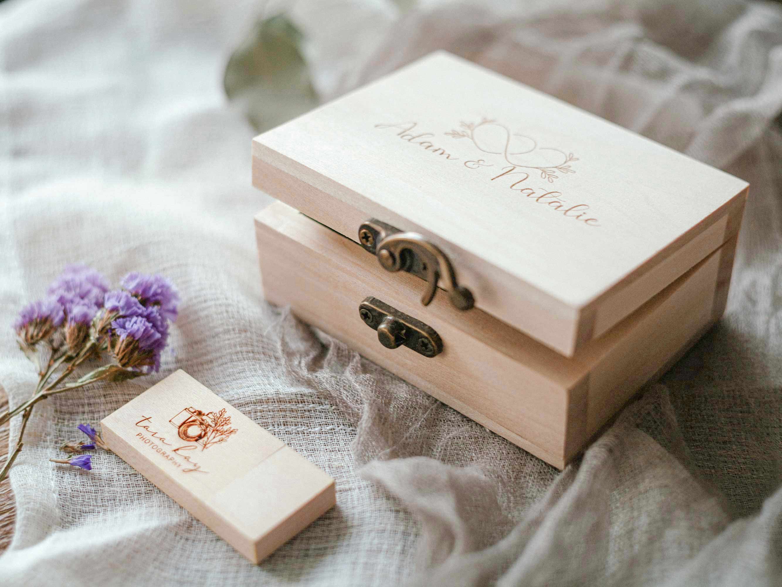 Natural wooden USB box with engraved wooden flash drive on soft fabric