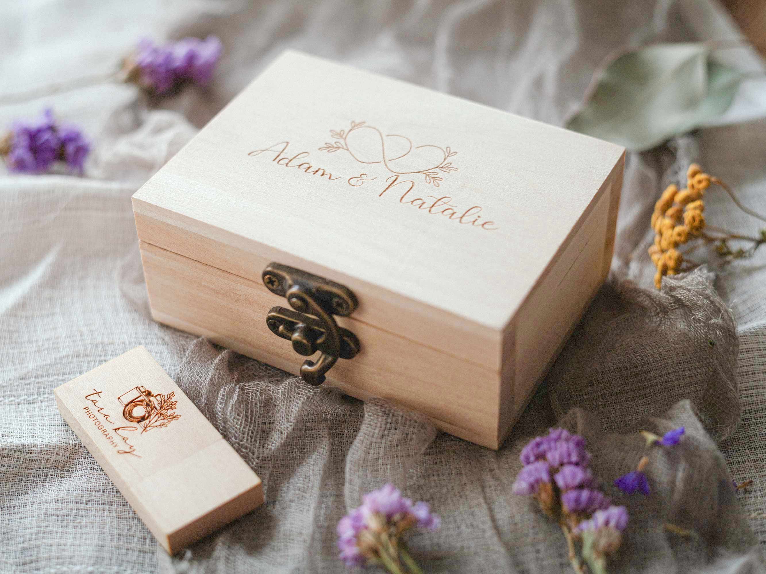 Natural wooden USB box with engraved wooden flash drive on soft fabric