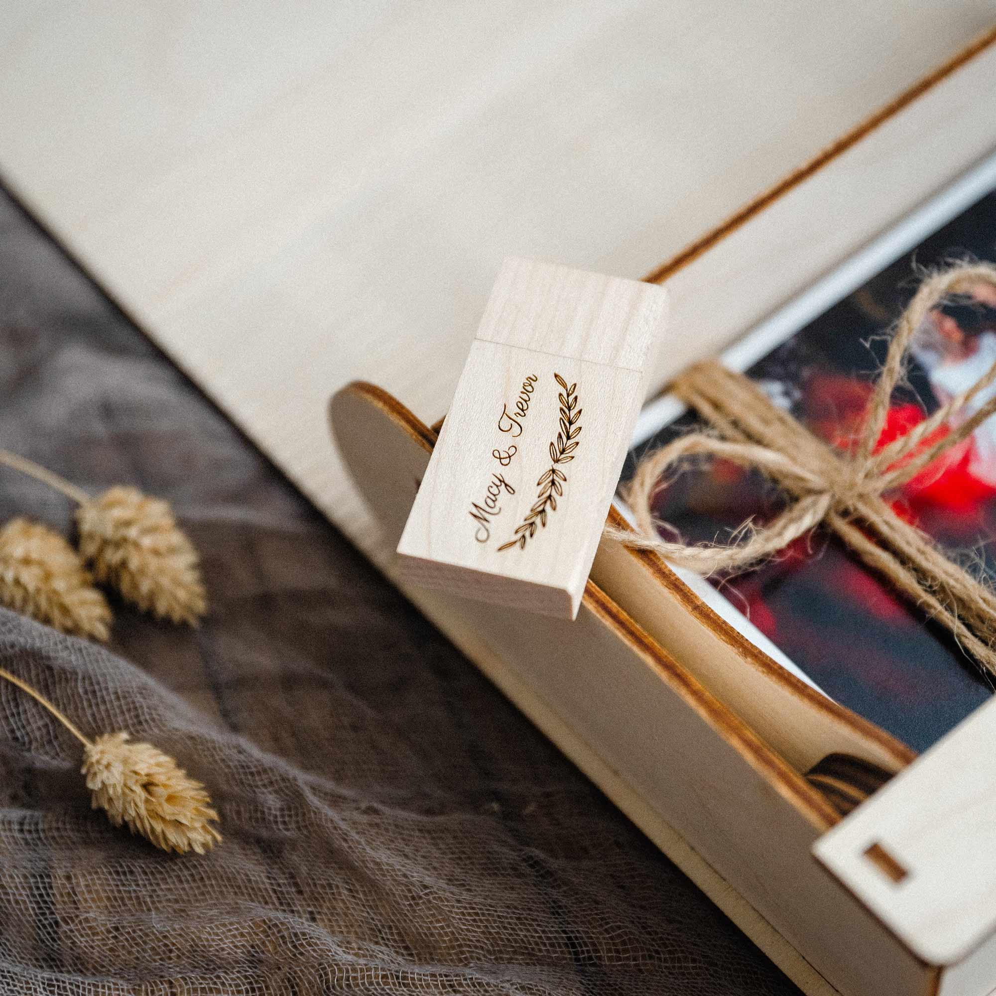 Angled close-up of maple photo box corner with vintage hook and smooth wood grain