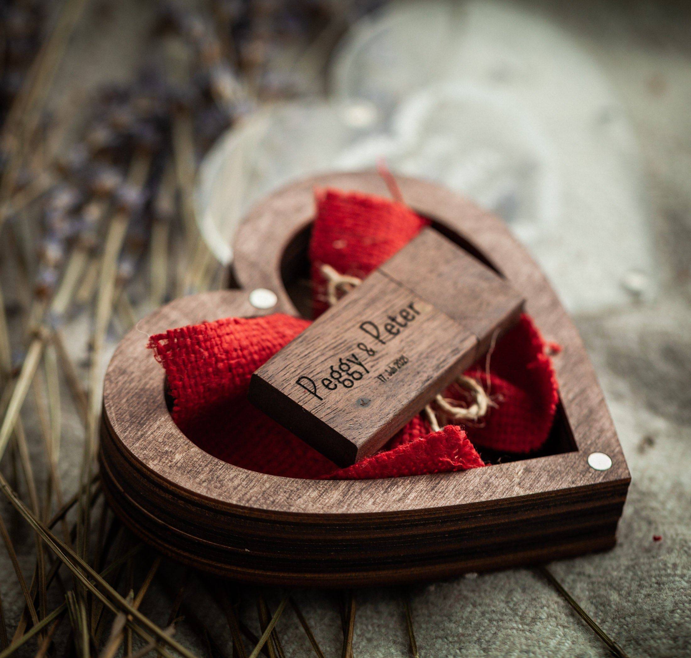 Heart-shaped wooden USB box with acrylic lid open