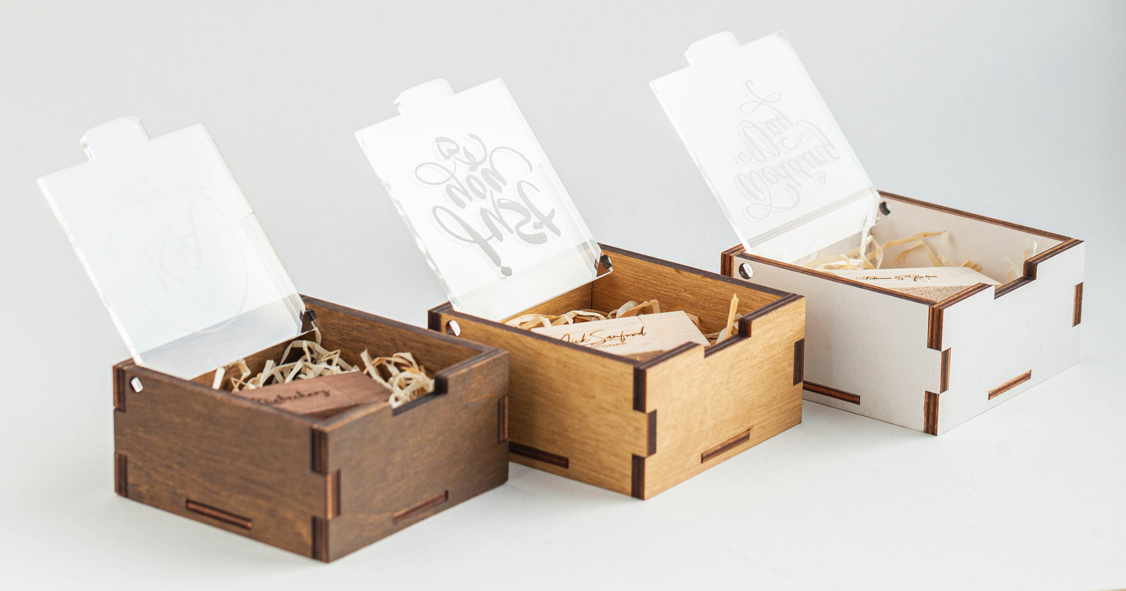 Wooden USB box color options with personalized acrylic lids