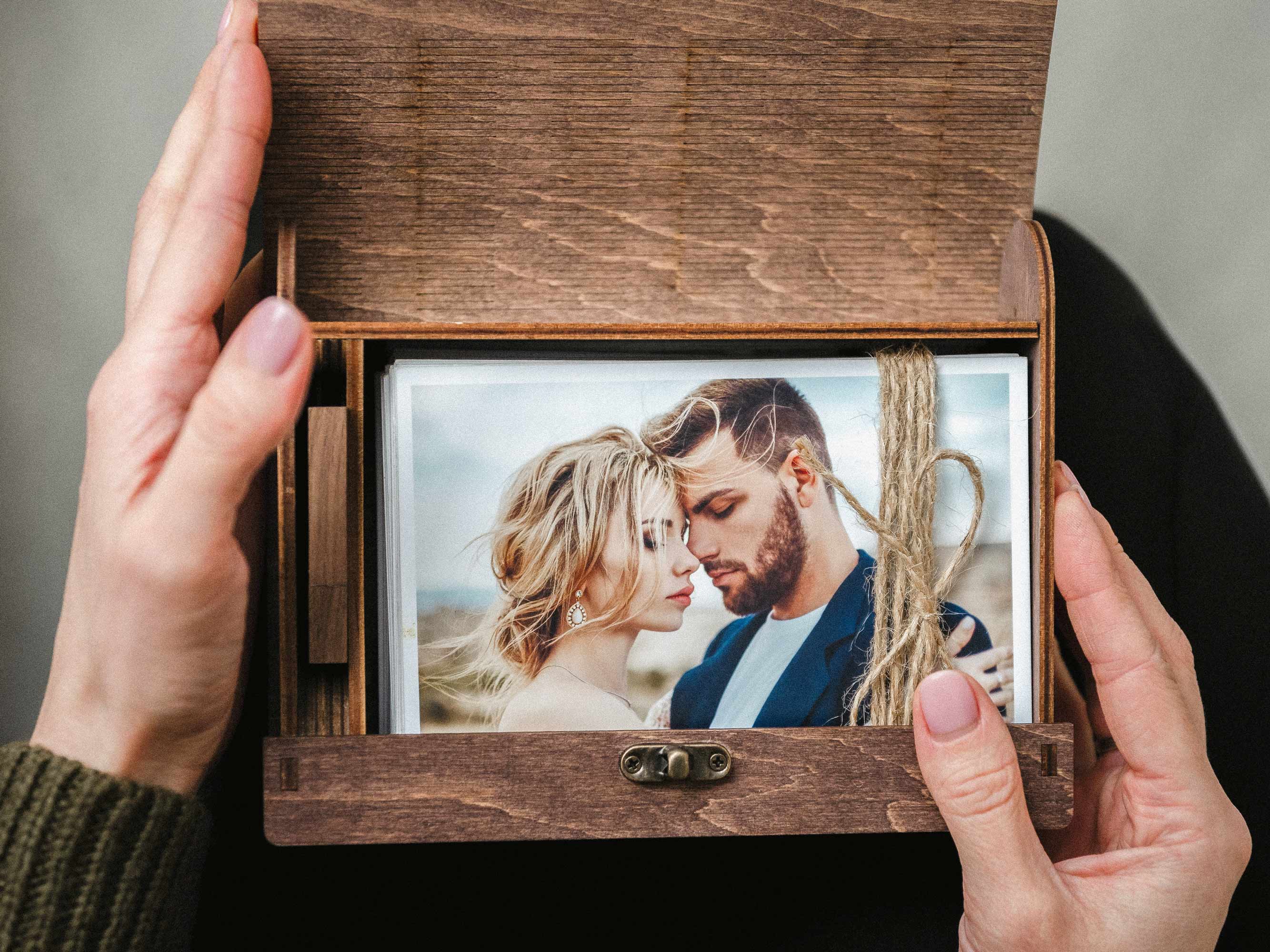 Close-up of engraved wooden USB drive, two-piece cap design