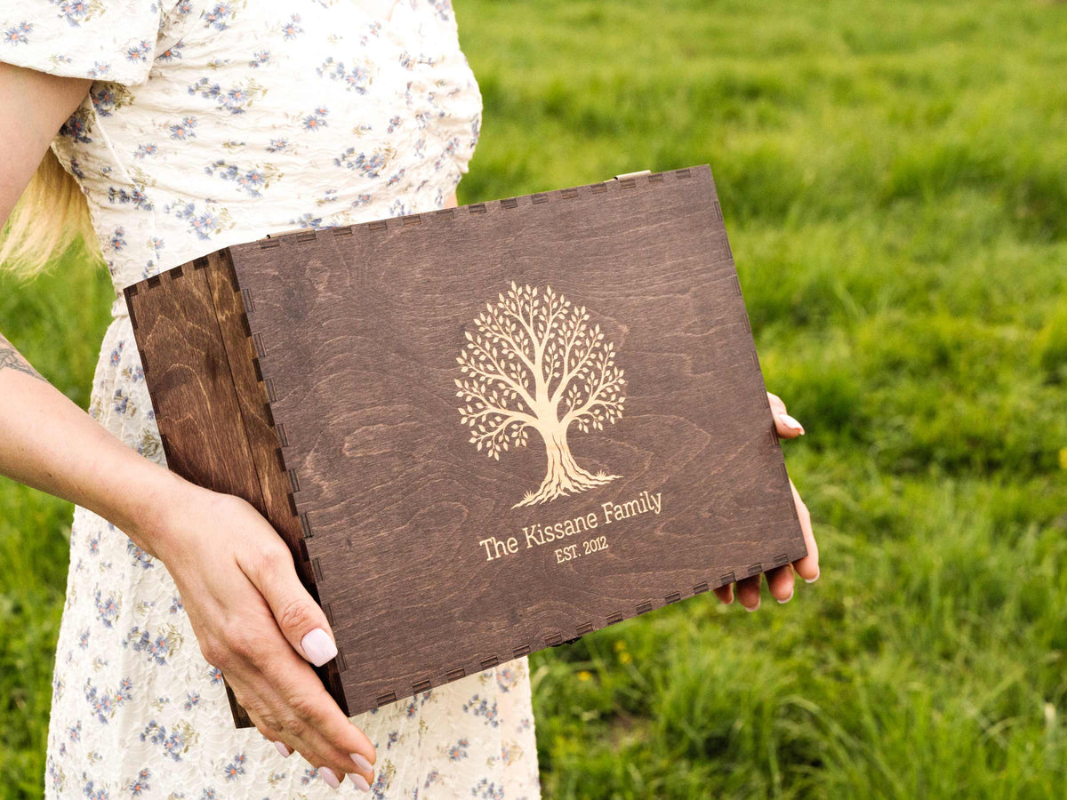 Walnut wooden wedding keepsake box with engraved family tree design