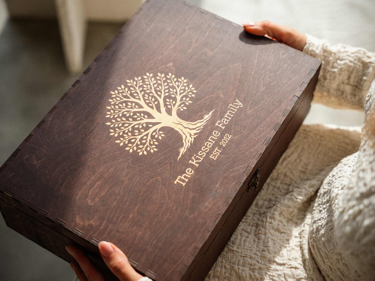 Wooden memory box with engraved family tree and couple names