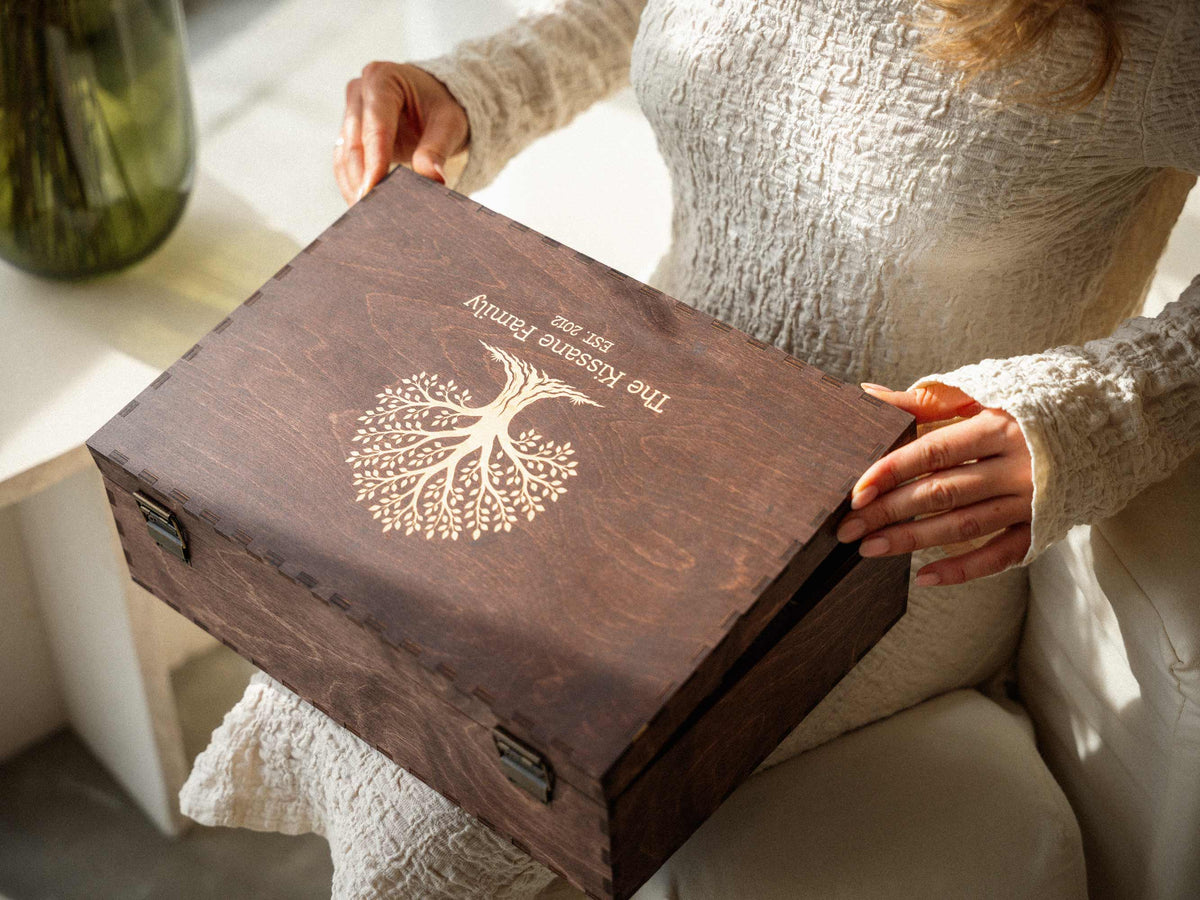 Personalized wedding keepsake box with botanical engraving