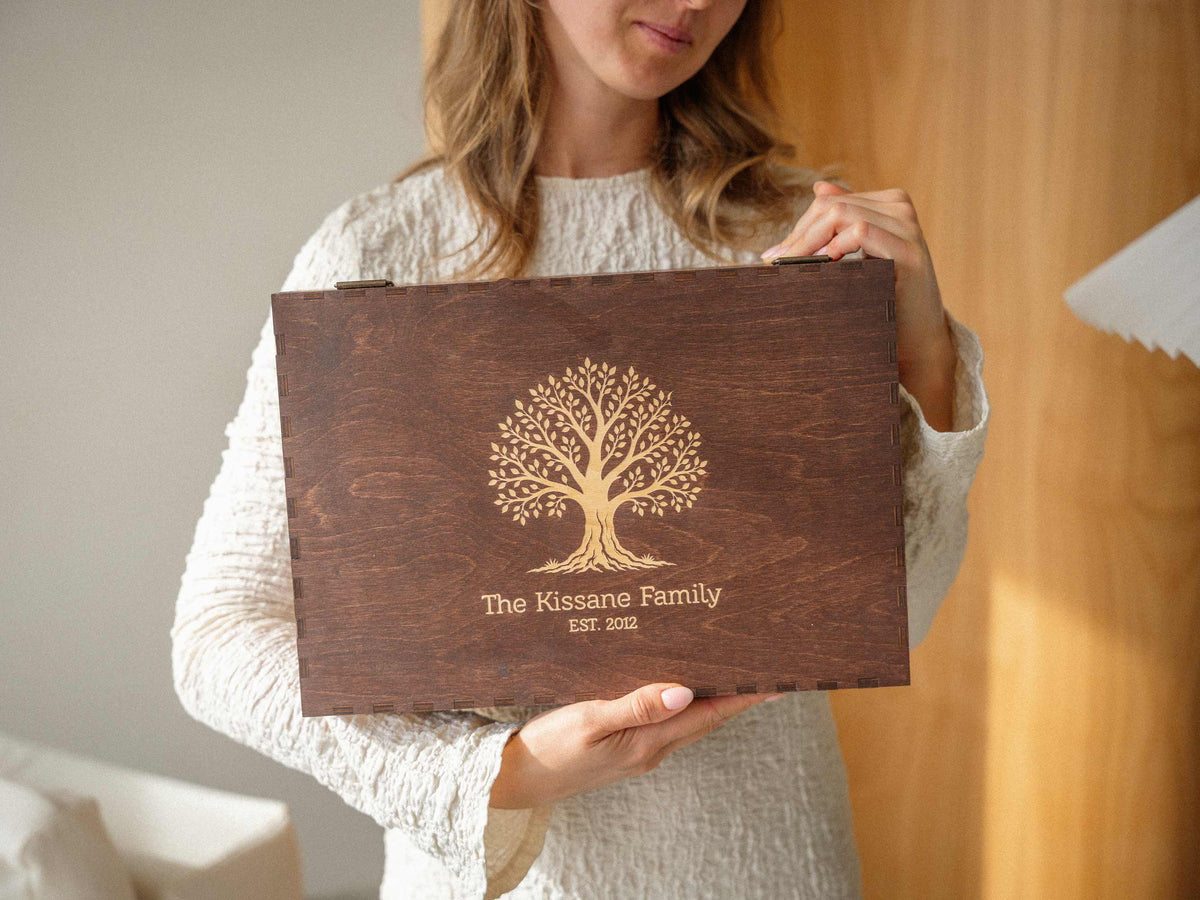 Walnut wedding keepsake box with engraved family tree design