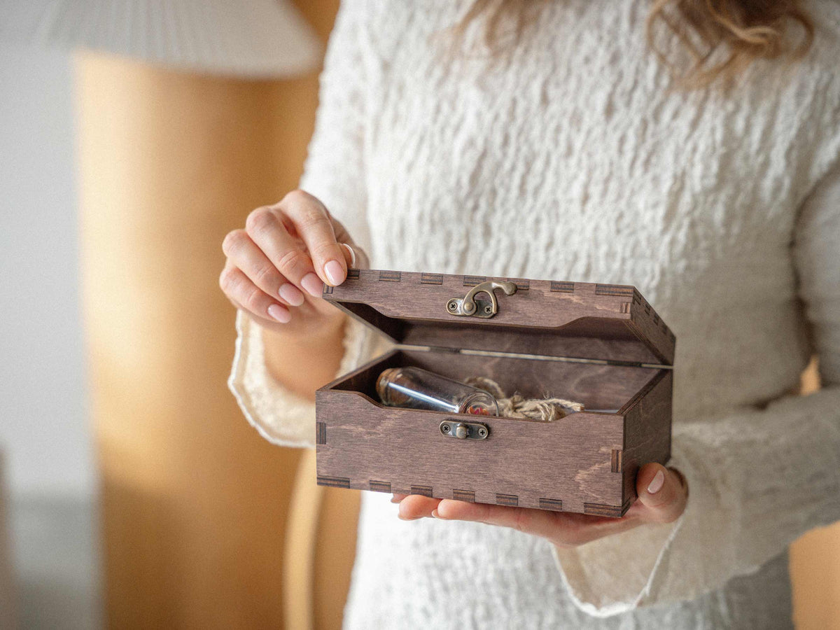 Small walnut memory box with vintage metal clasp