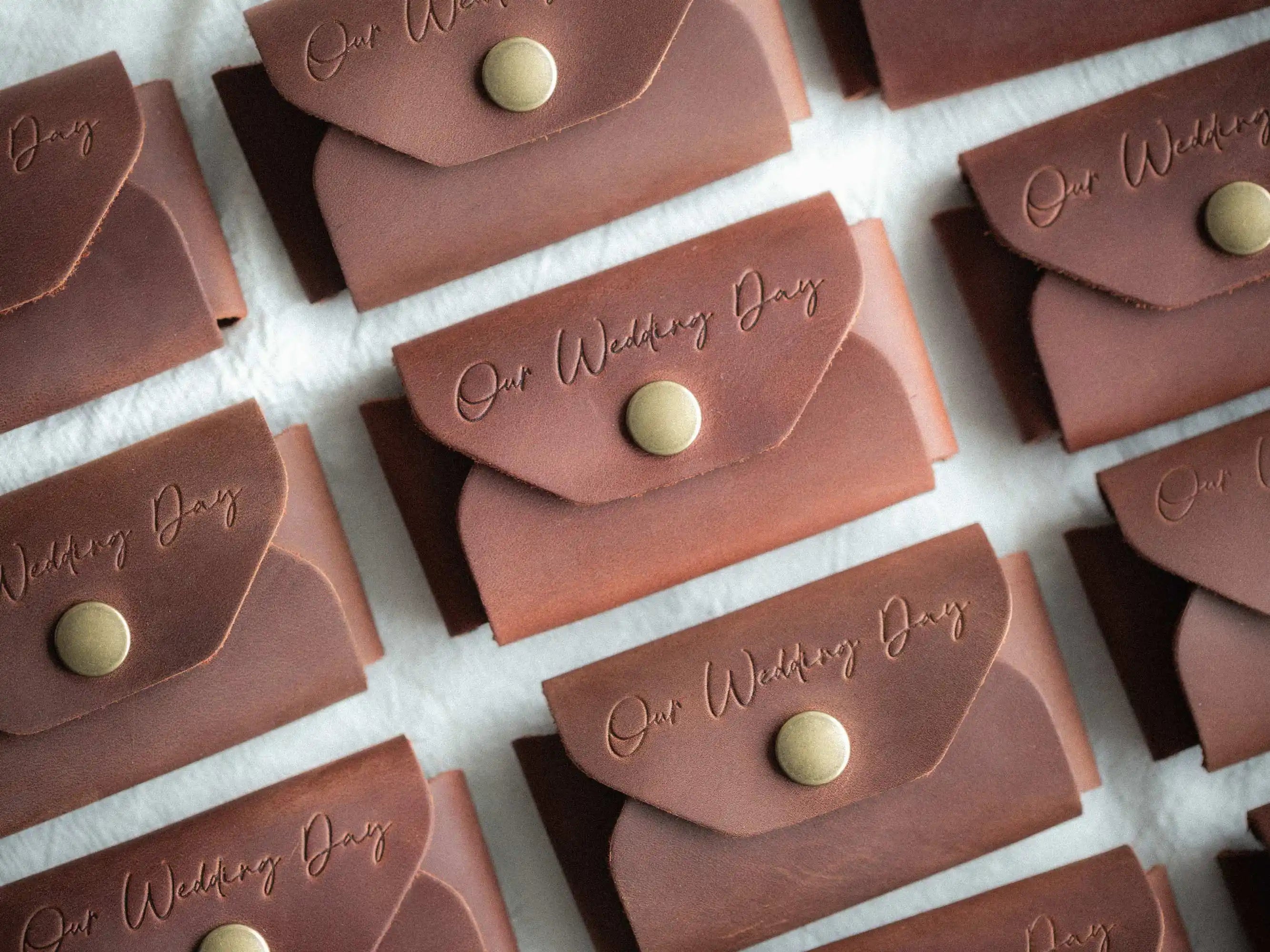 Personalized leather USB pouch on linen, Our Wedding Day stamp