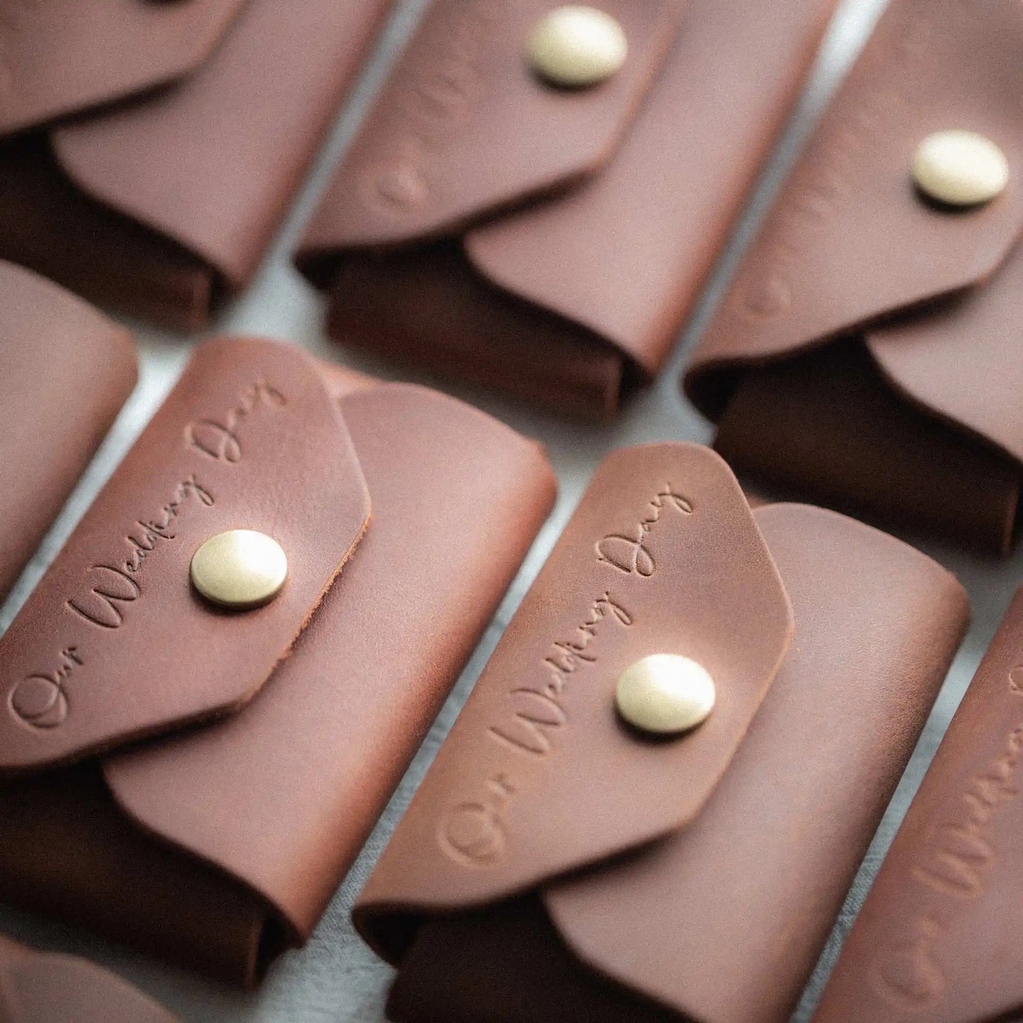 Leather USB case with engraved wooden USB, wedding keepsake