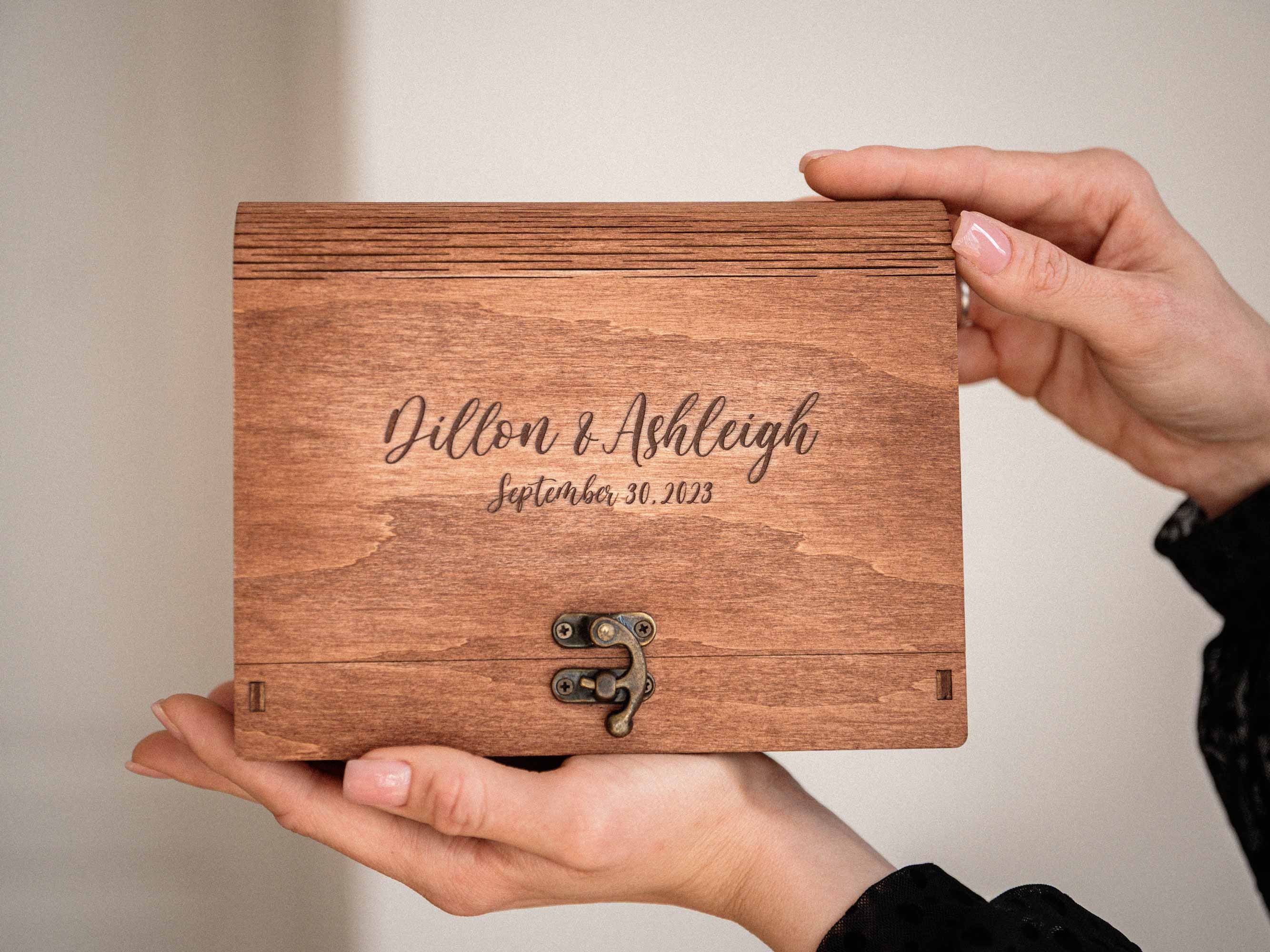 Teak wedding photo box with matching wooden USB flash drive