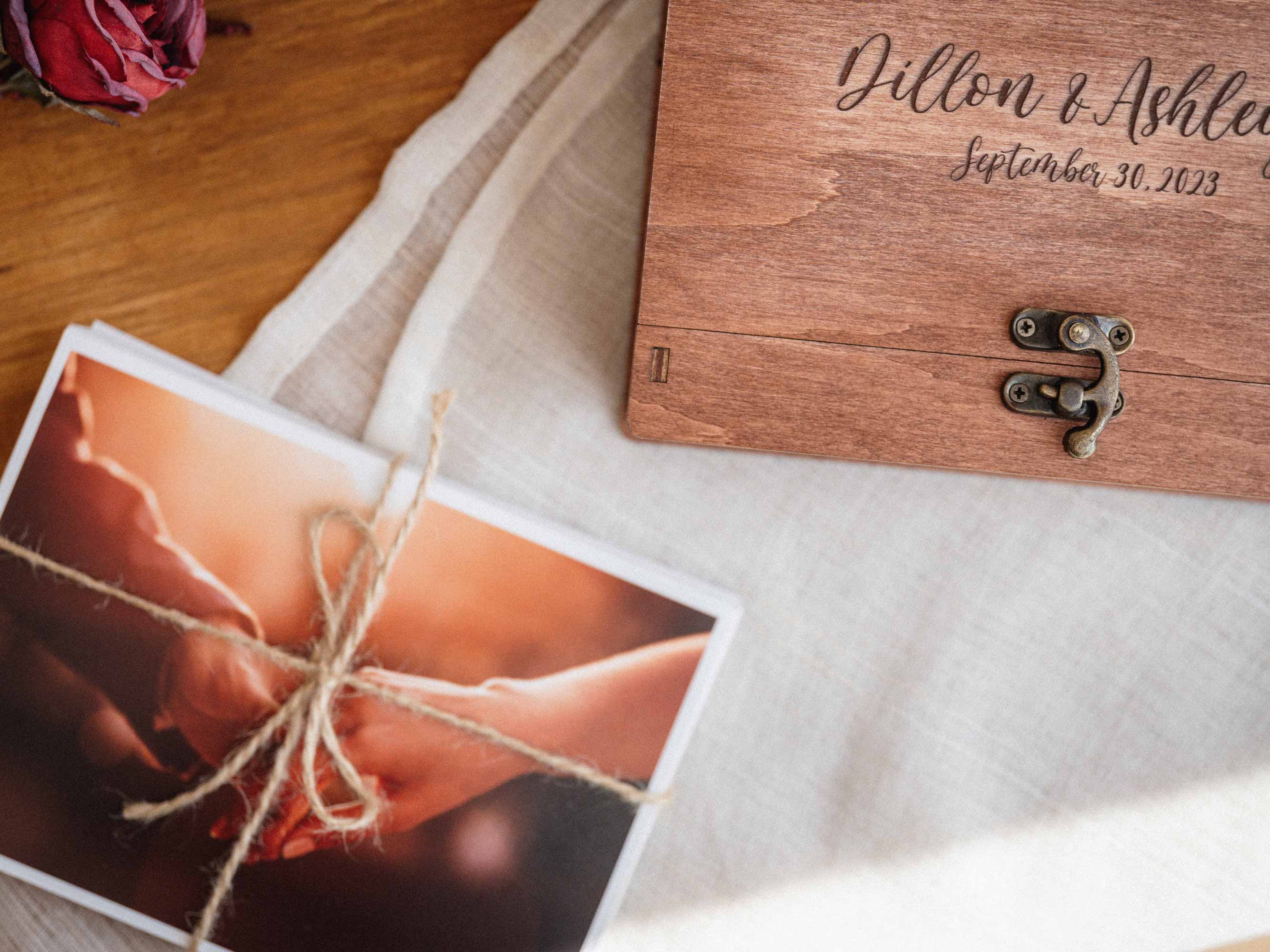 Wedding photo box with personalized teak lid, prints, and wooden USB
