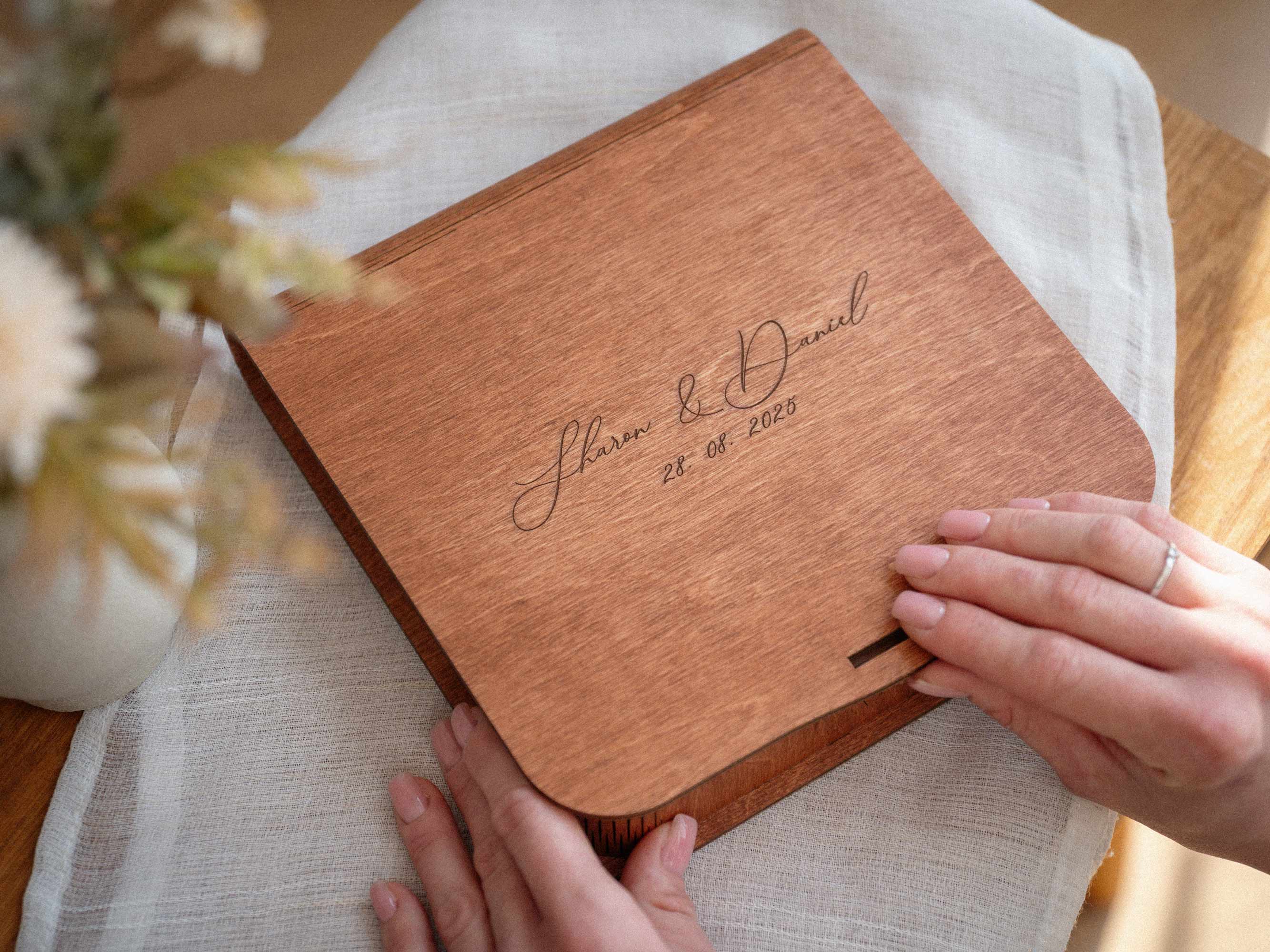 Teak wedding photo box with USB, personalized engraved lid and photo prints
