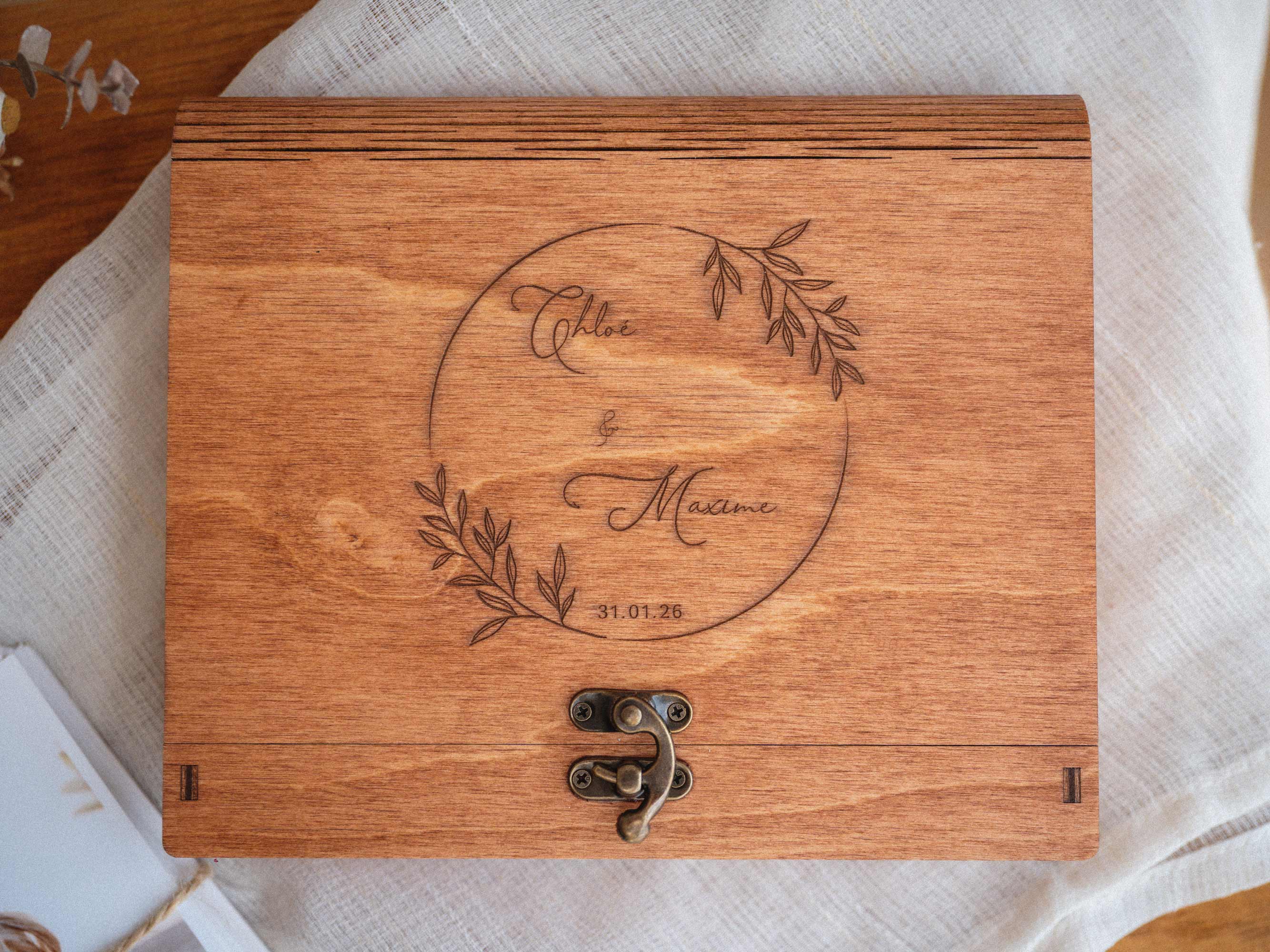 Engraved Teak wedding photo box
