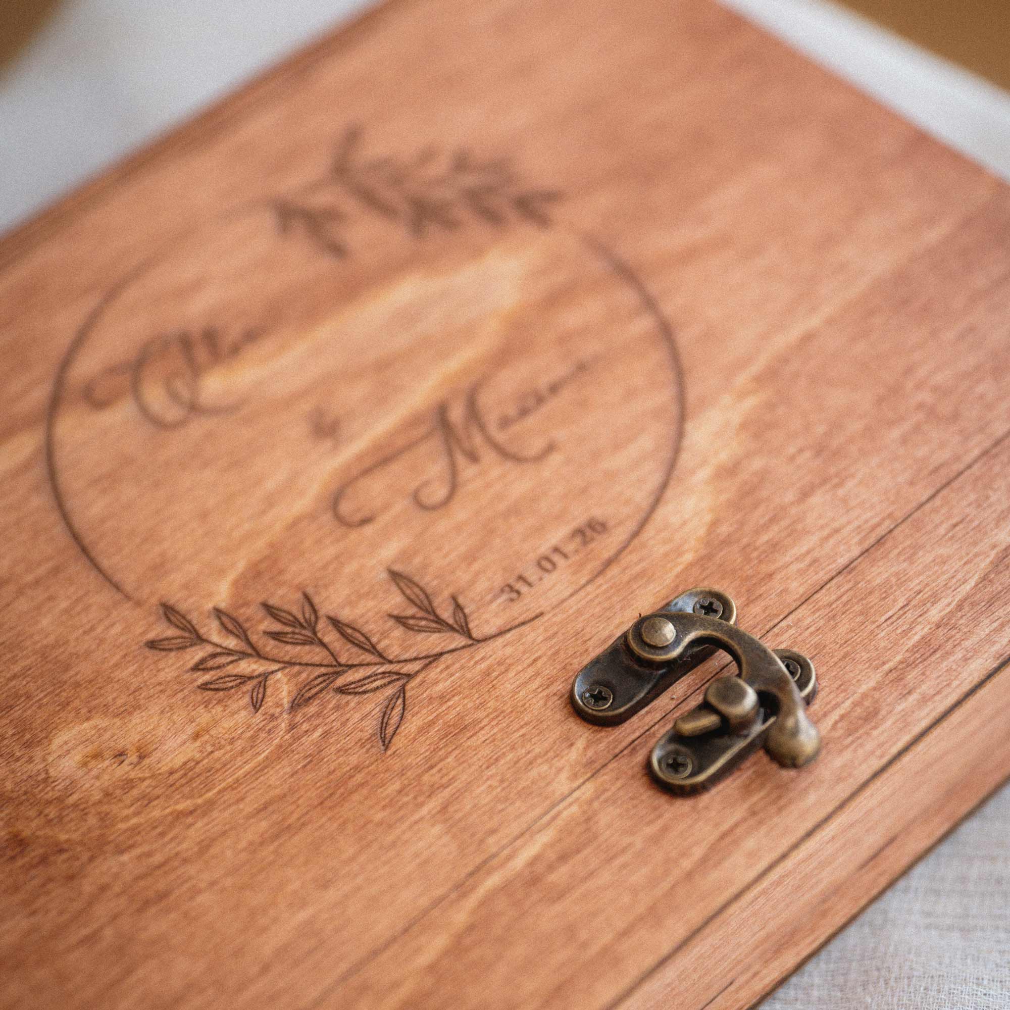 Teak photo box engraving close-up