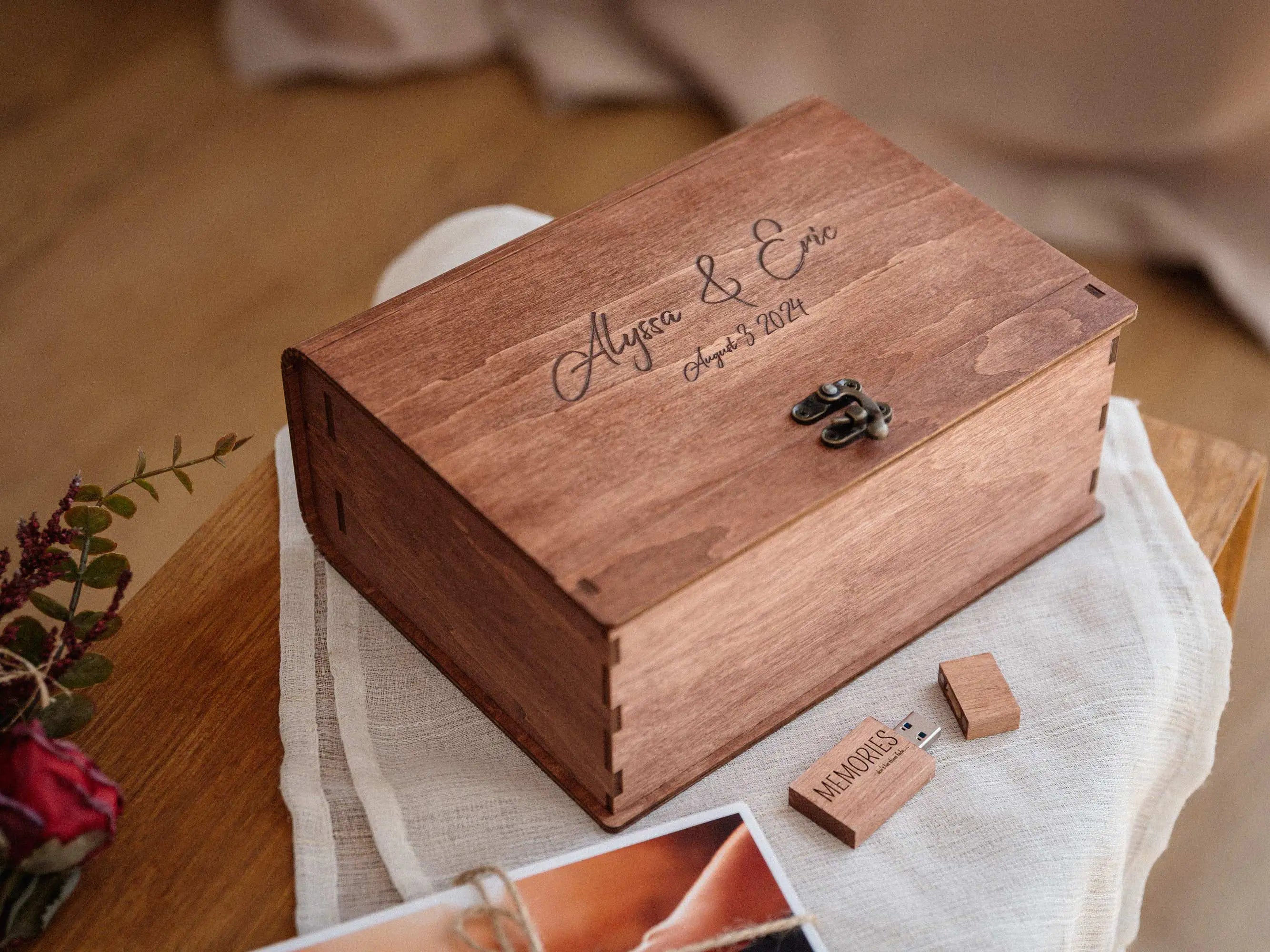 Teak photo keepsake box with engraved lid and wooden USB flash drives