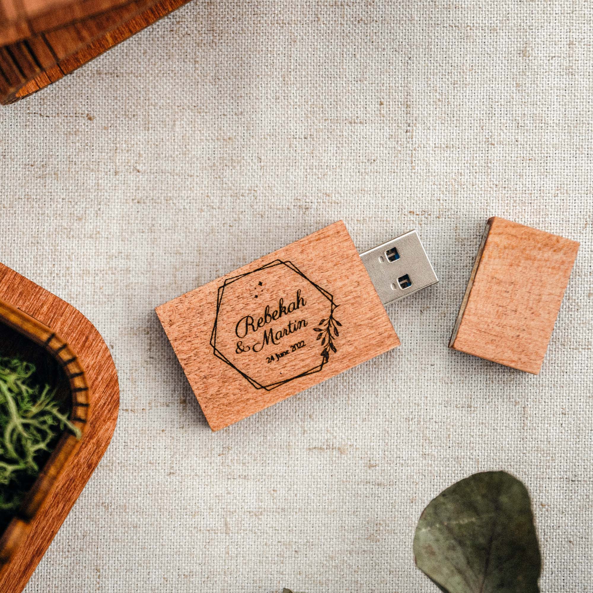 engraved teak wooden usb flash drive with initials