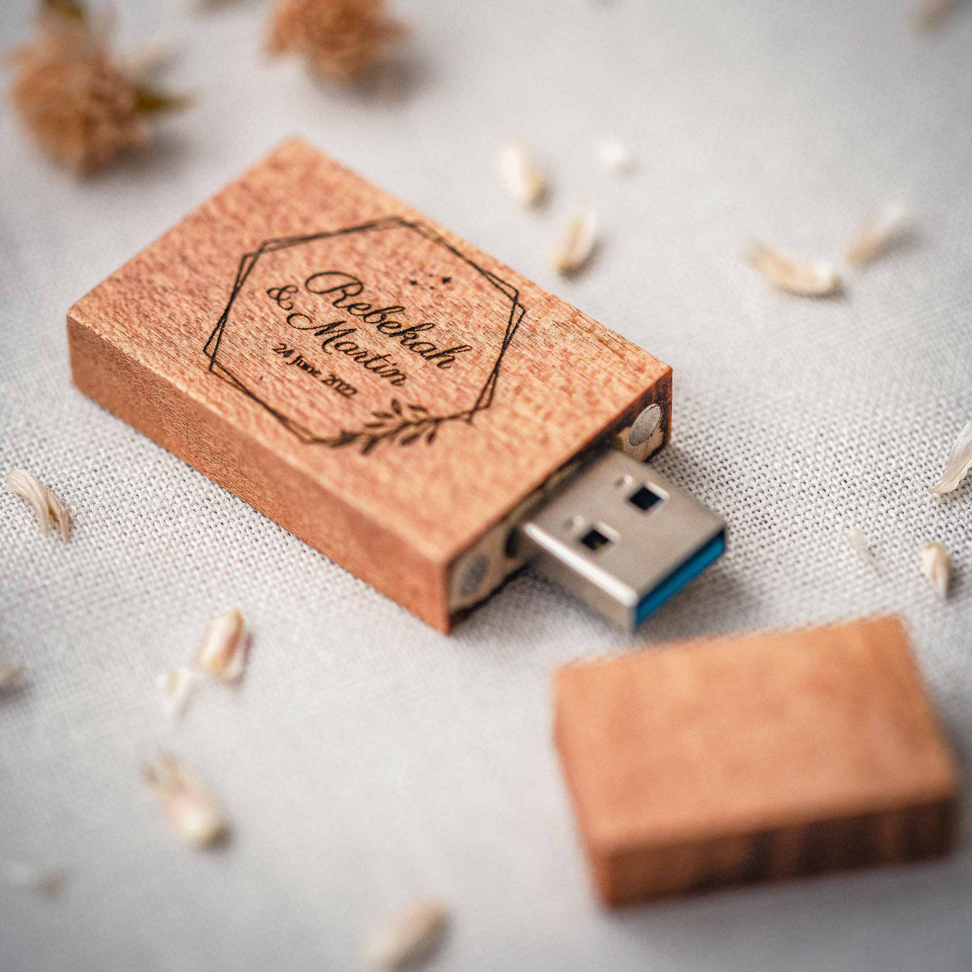 teak wood usb drive styled with wedding photo packaging