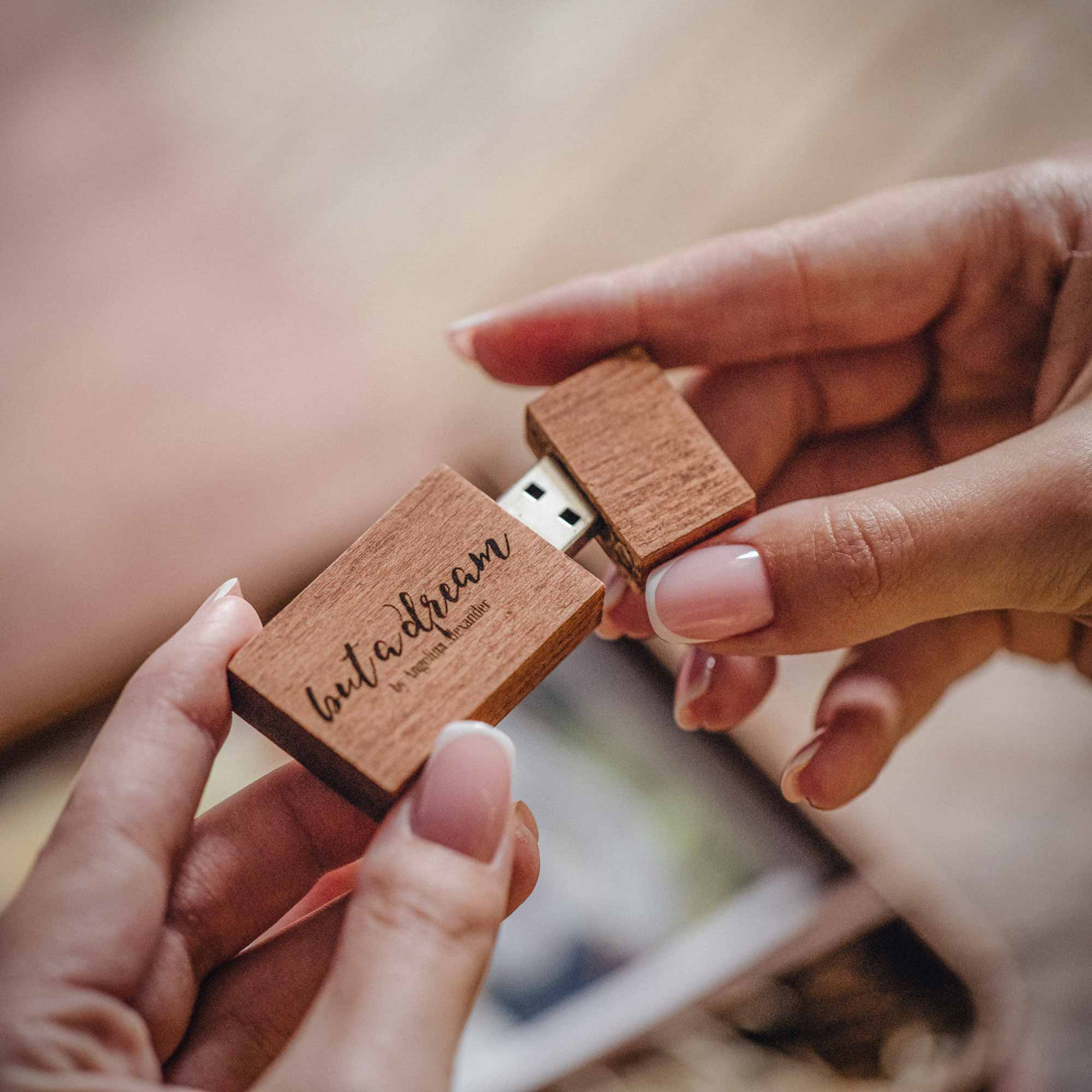 close up of teak wooden usb flash drive cap and body