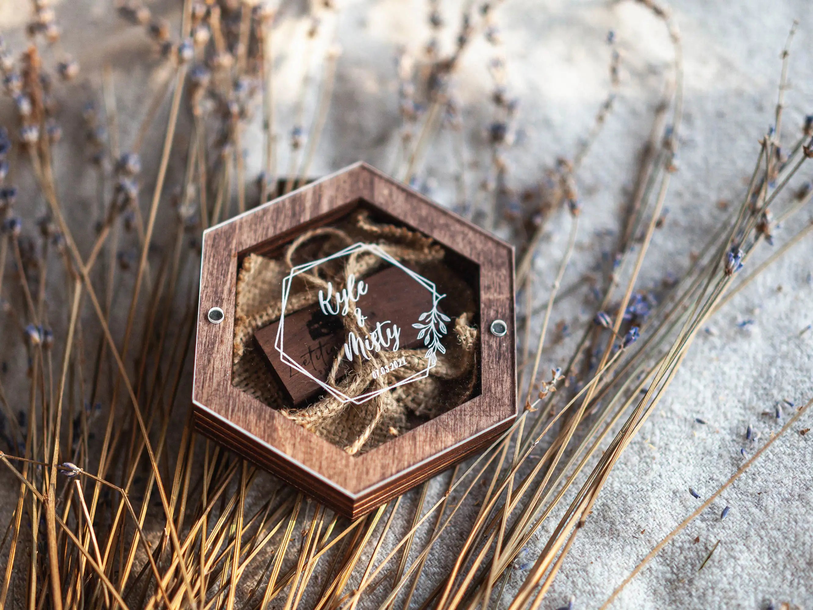 Walnut hexagon wedding USB box with wooden flash drive for photographers