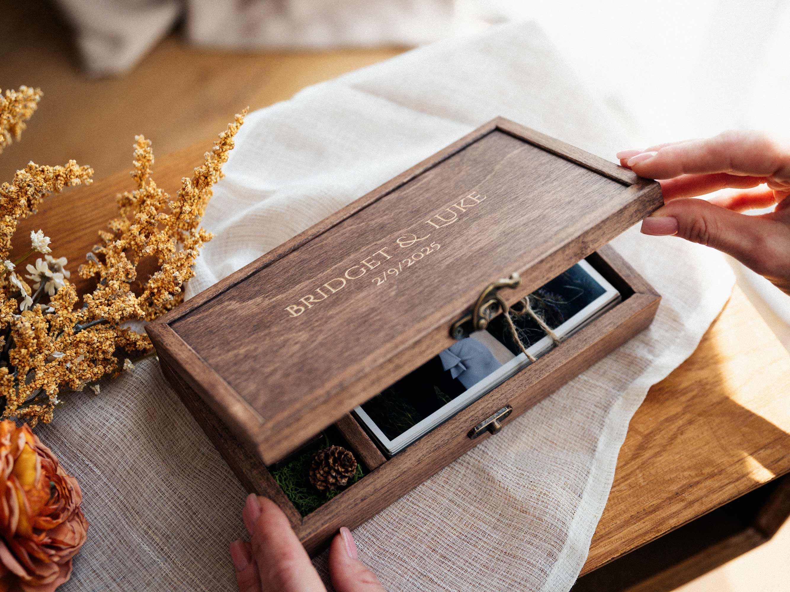 Walnut Classic hinged photo box with USB drive for wedding photo presentation