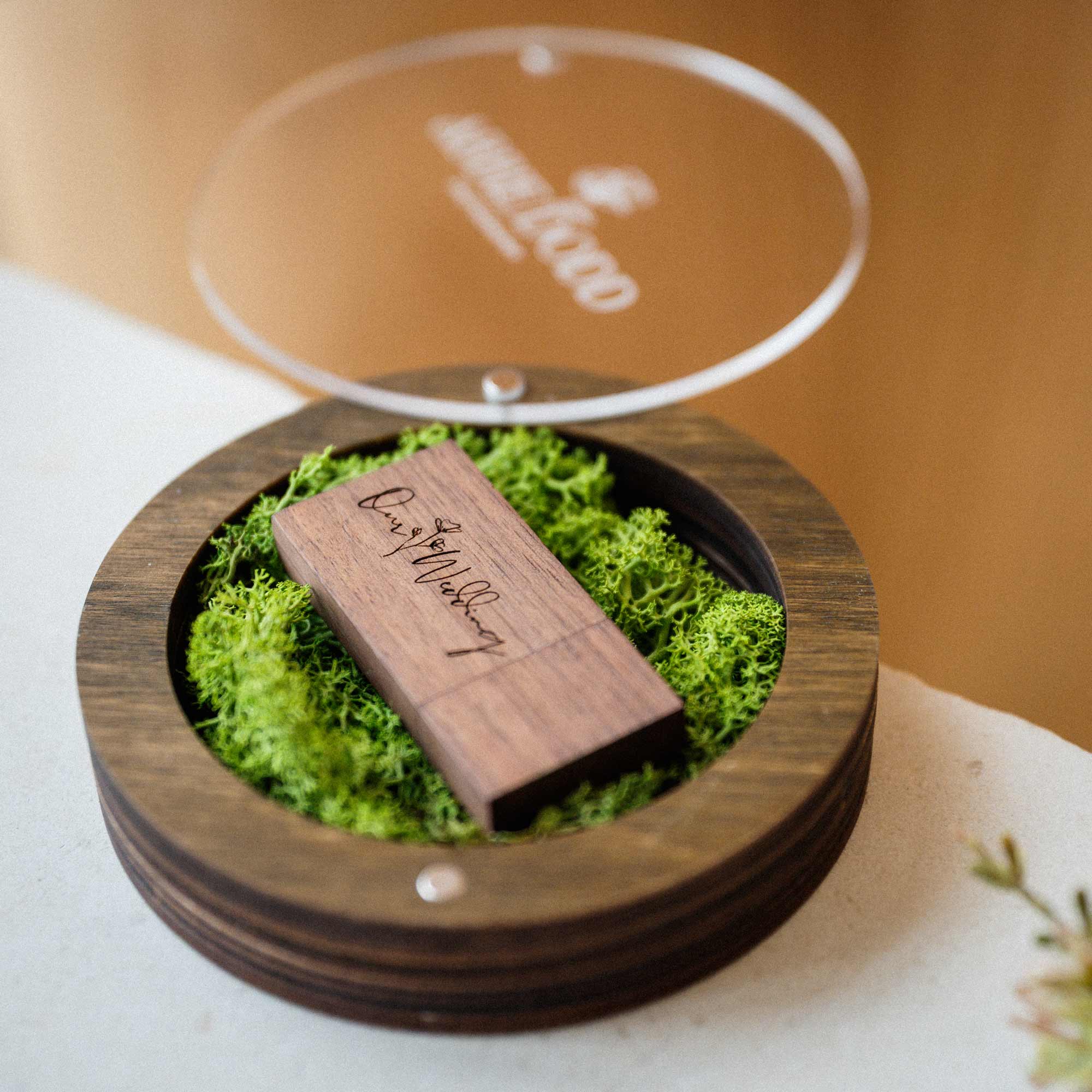Walnut USB box with open acrylic lid and engraved wooden flash drive on preserved moss