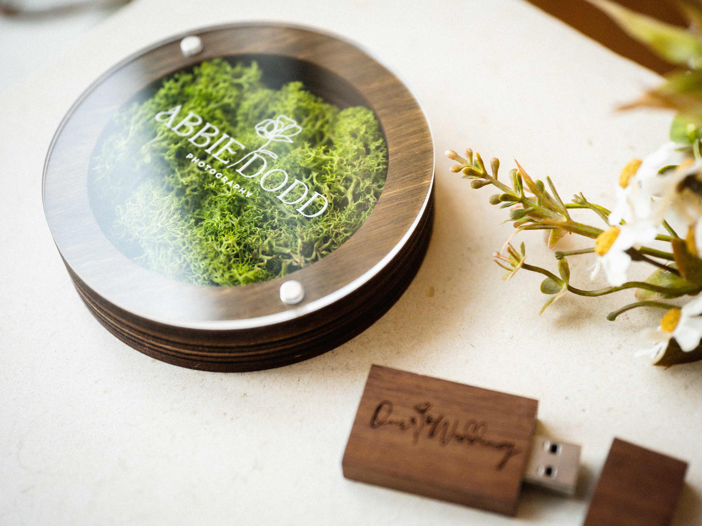 Walnut USB box with acrylic lid and wooden flash drive on a light surface