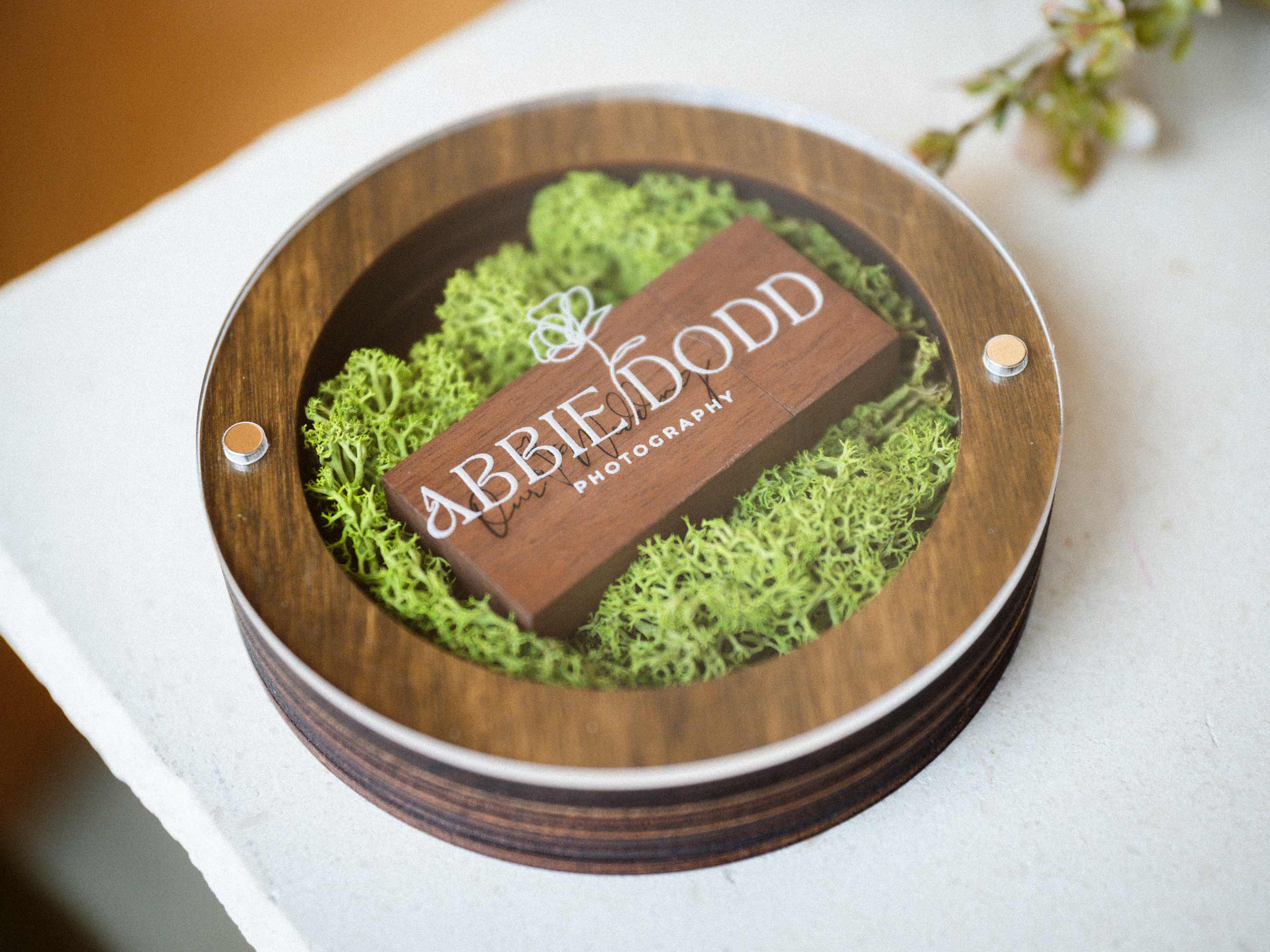 Top view of walnut USB box with engraved wooden flash drive visible through the acrylic lid