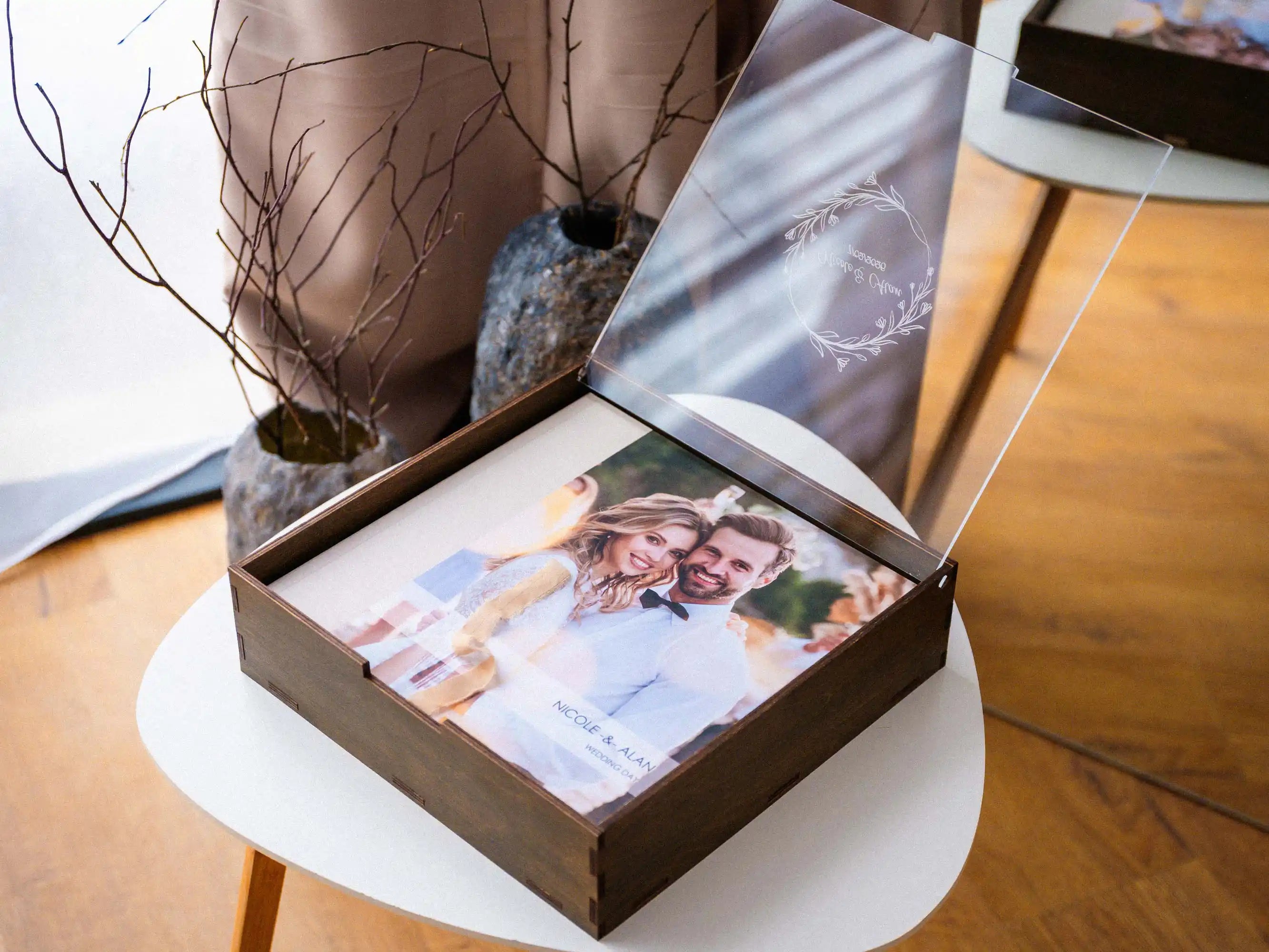 Walnut wedding album box open with 12x12 photo album inside