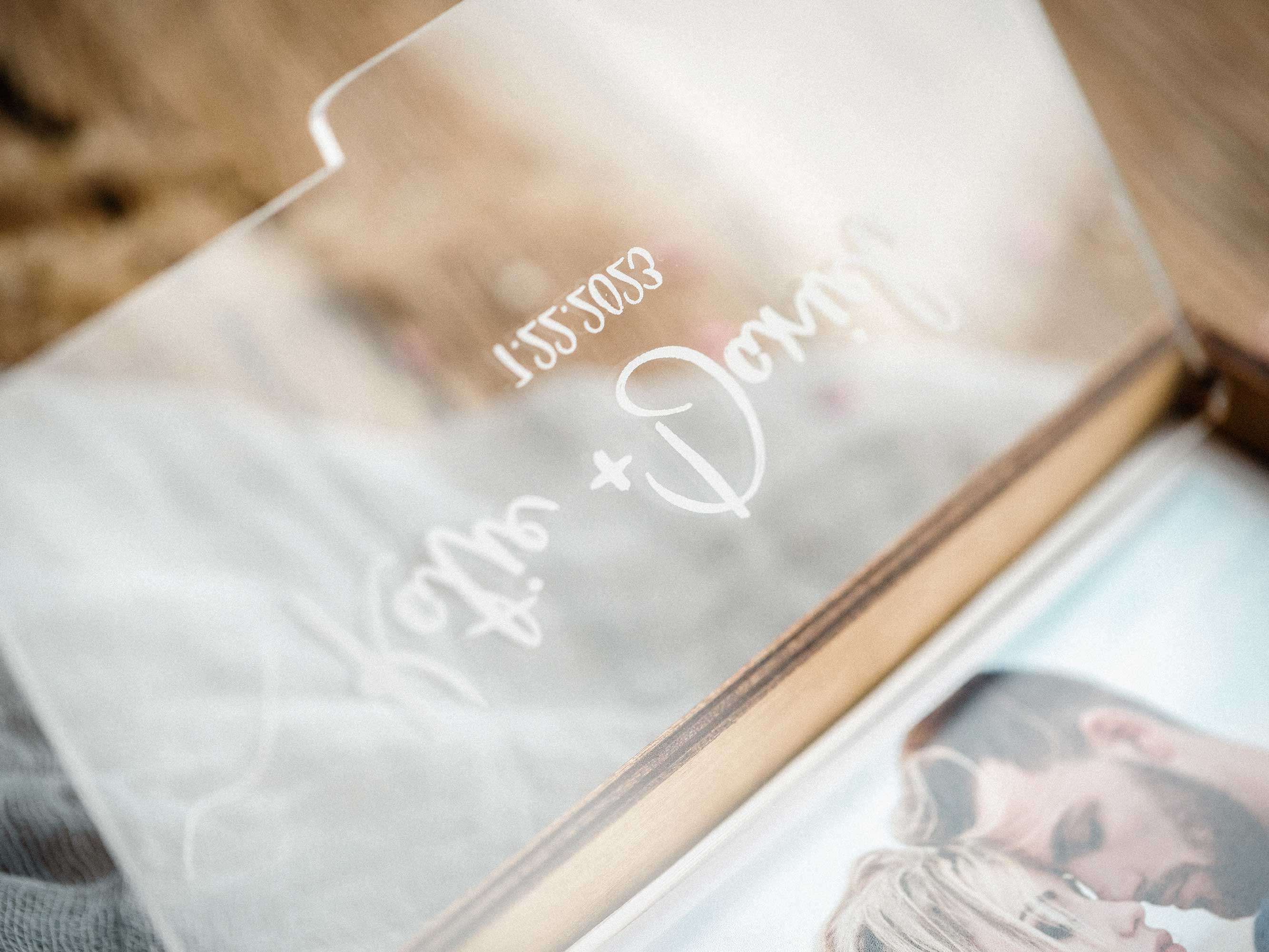 Gold Oak wooden photo box with personalized acrylic lid and wedding print inside