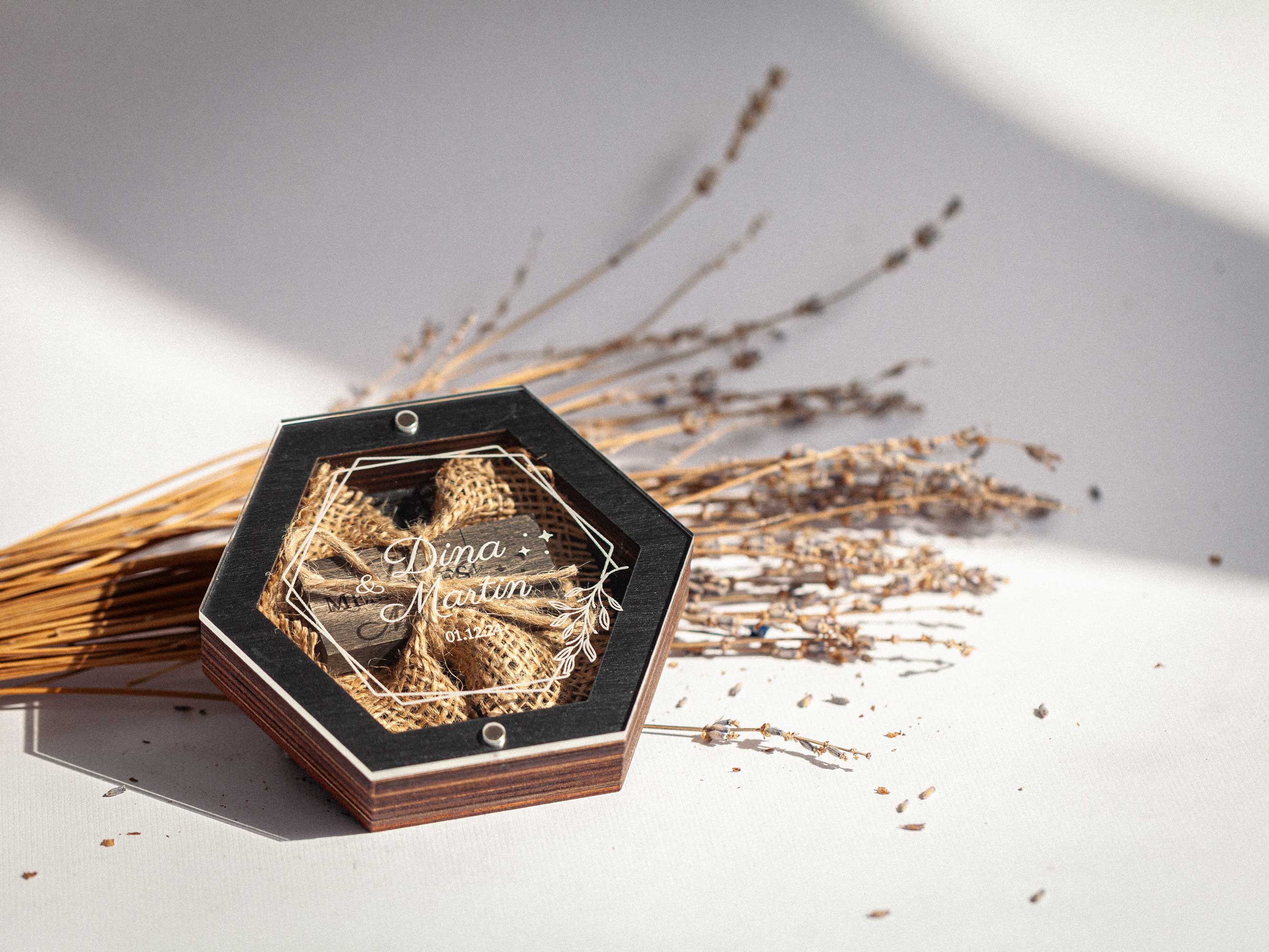 Black hexagon wedding USB box with acrylic lid and personalized engraving, rustic photo packaging