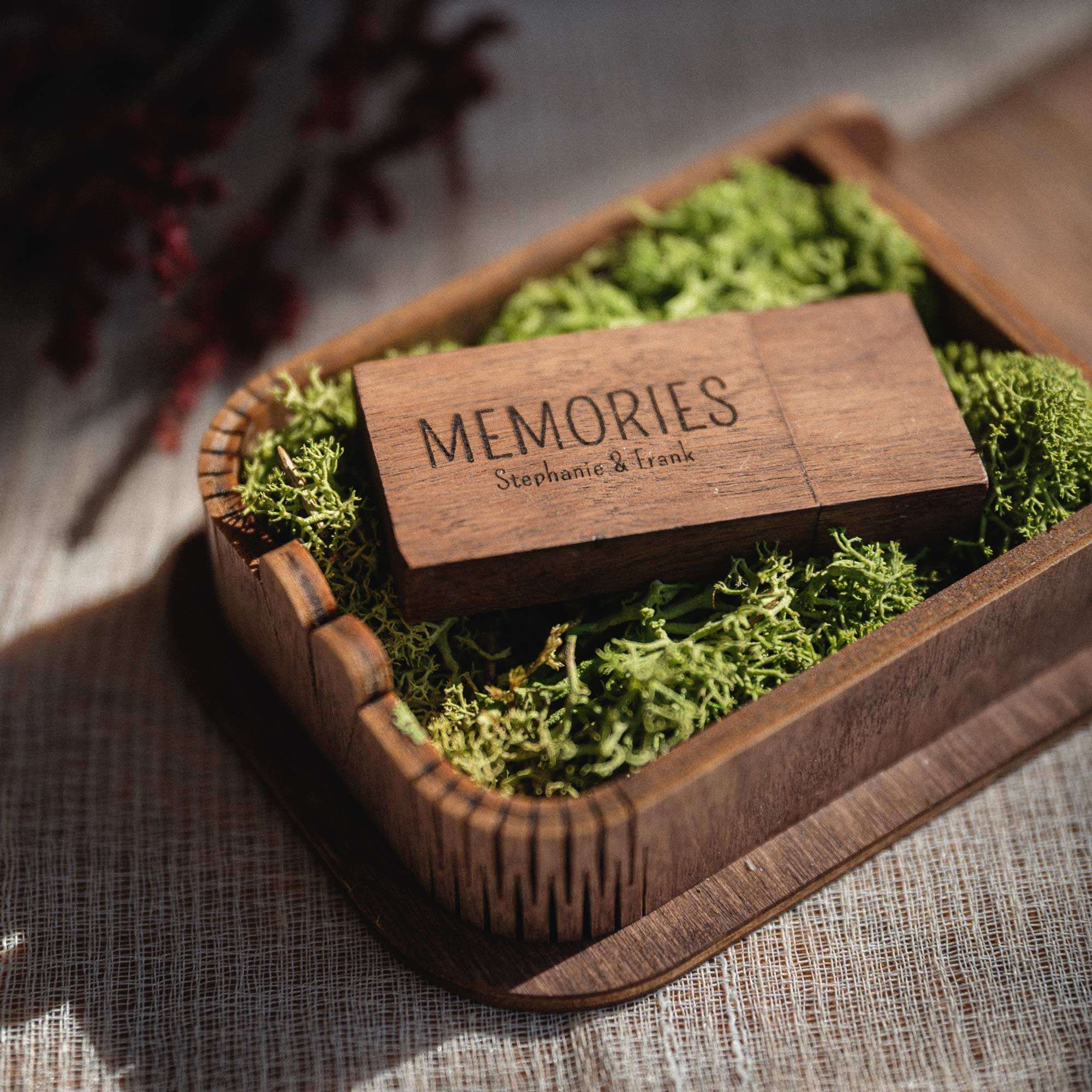 Closed walnut wedding USB box with engraved floral design