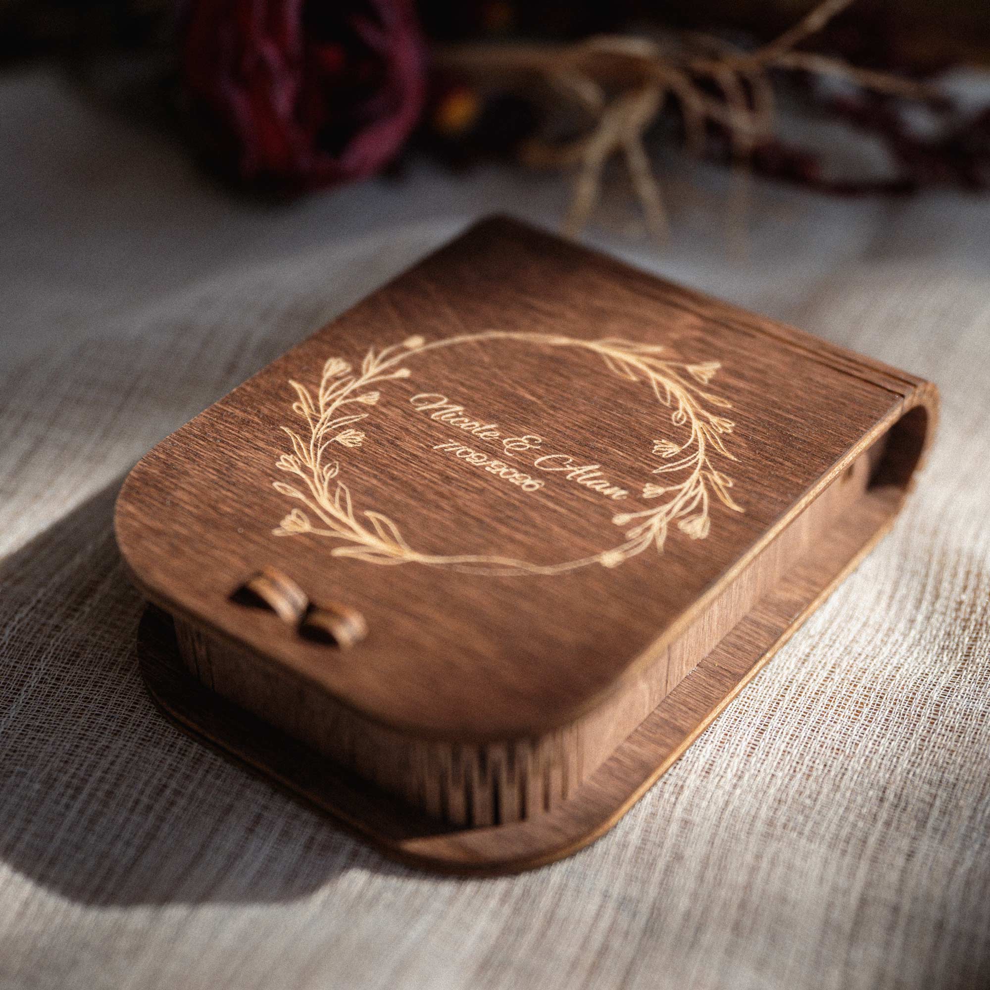 Closed walnut wedding USB box with engraved floral design